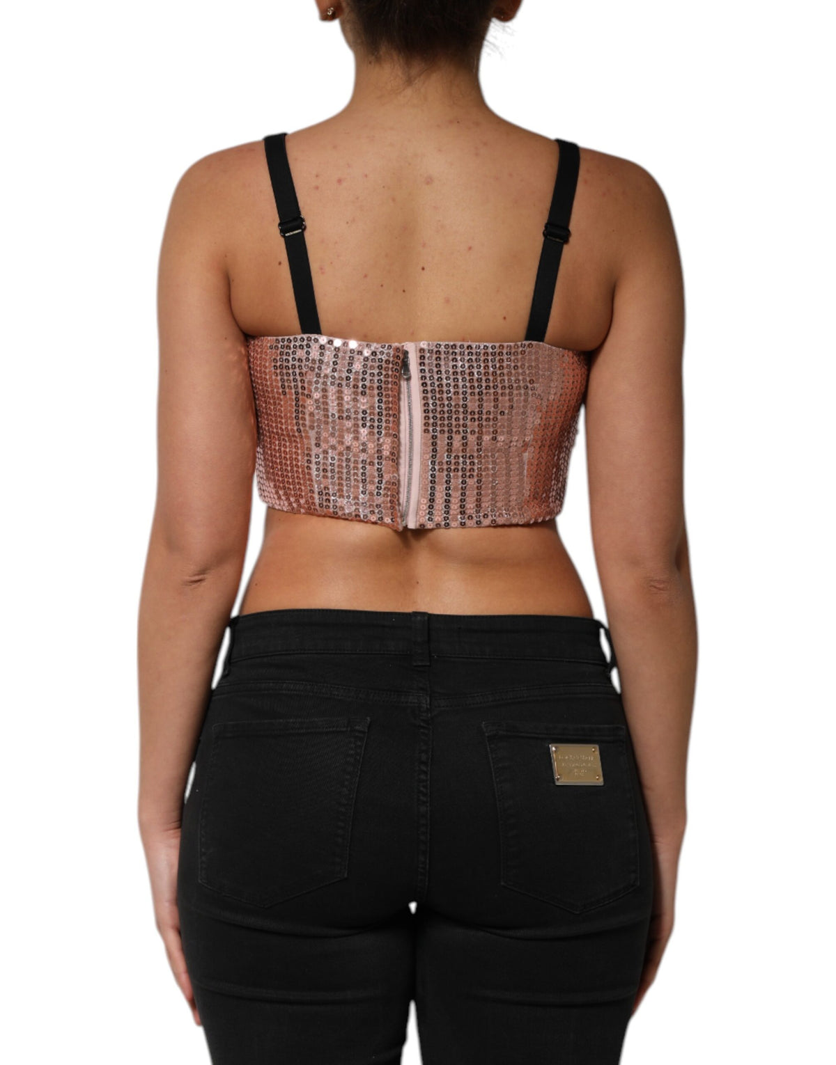 Dolce & Gabbana Pink Sequined Nylon Sleeveless Cropped Top