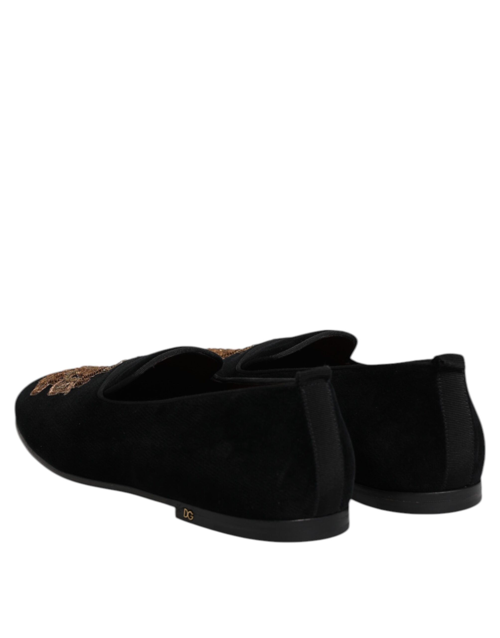 Dolce & Gabbana Black Velvet Gold Crown Mens Loafers Shoes Dolce & Gabbana