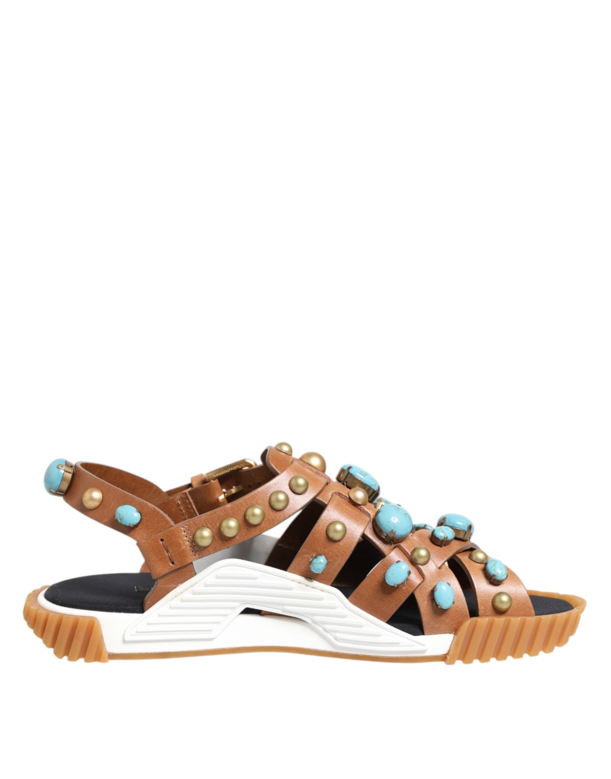 Dolce & Gabbana Brown Leather Studded Slides Sandals Shoes Dolce & Gabbana