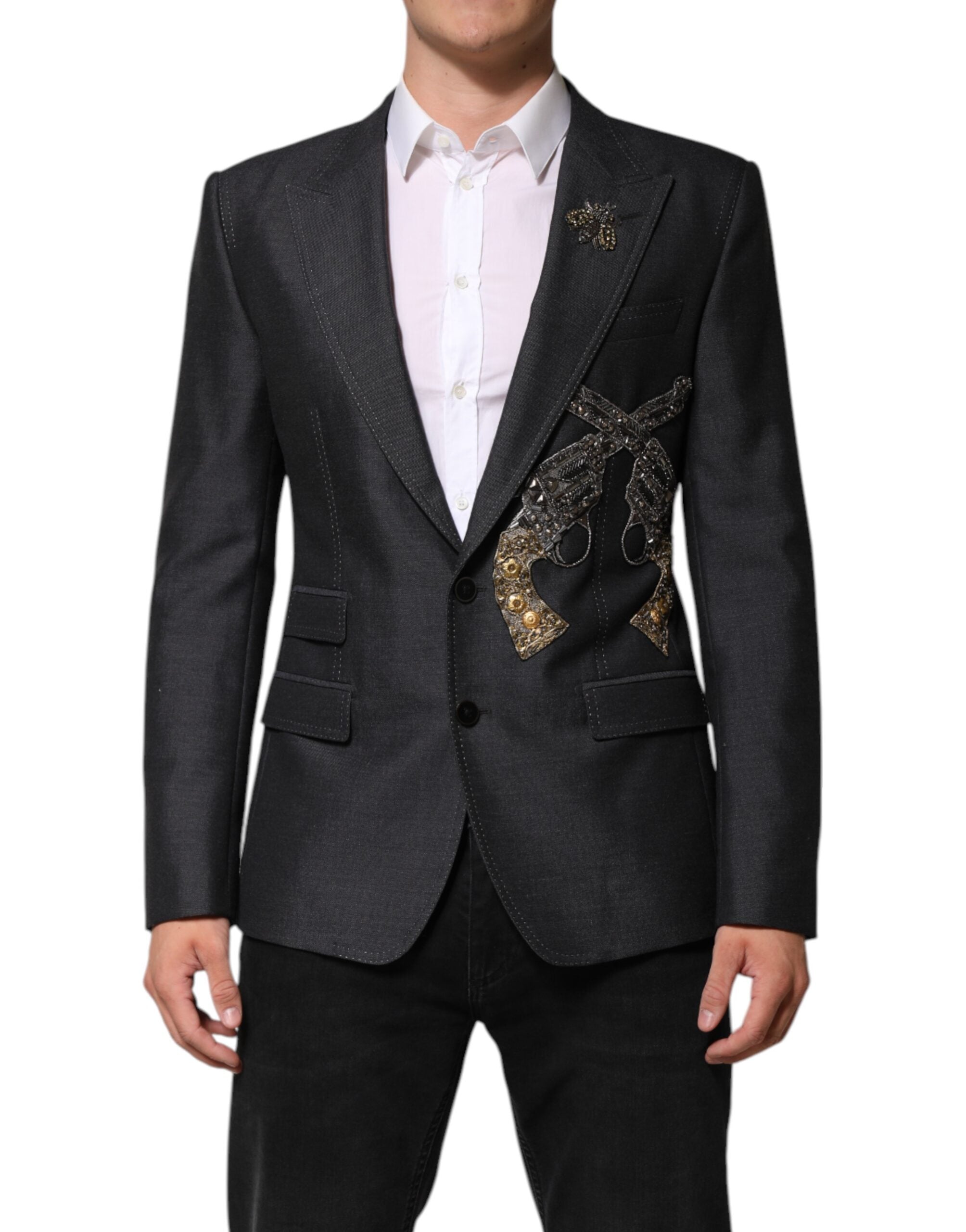 Dolce & Gabbana Dark Gray Bee Embroidery Wool Coat Blazer Dolce & Gabbana