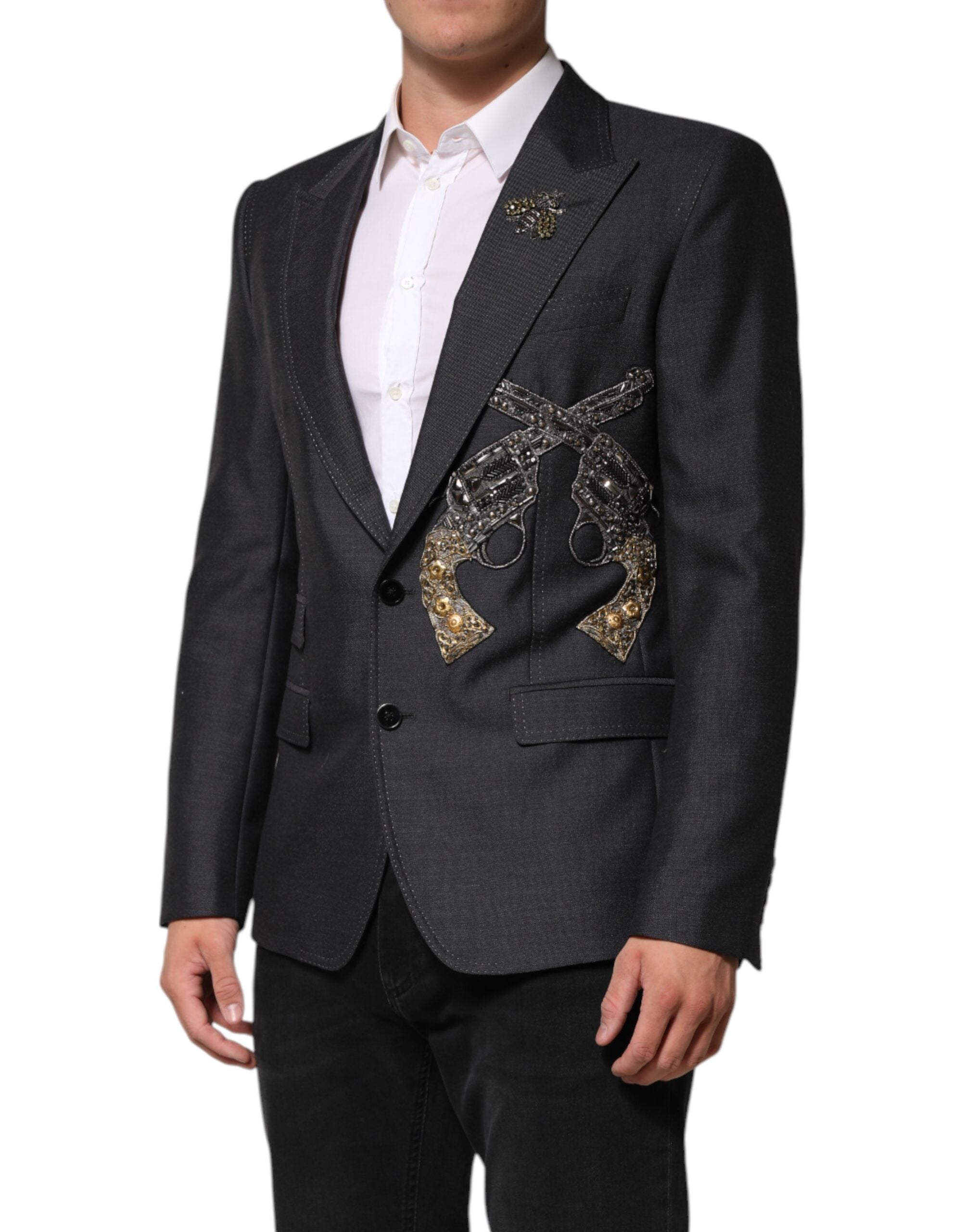 Dolce & Gabbana Dark Gray Bee Embroidery Wool Coat Blazer Dolce & Gabbana