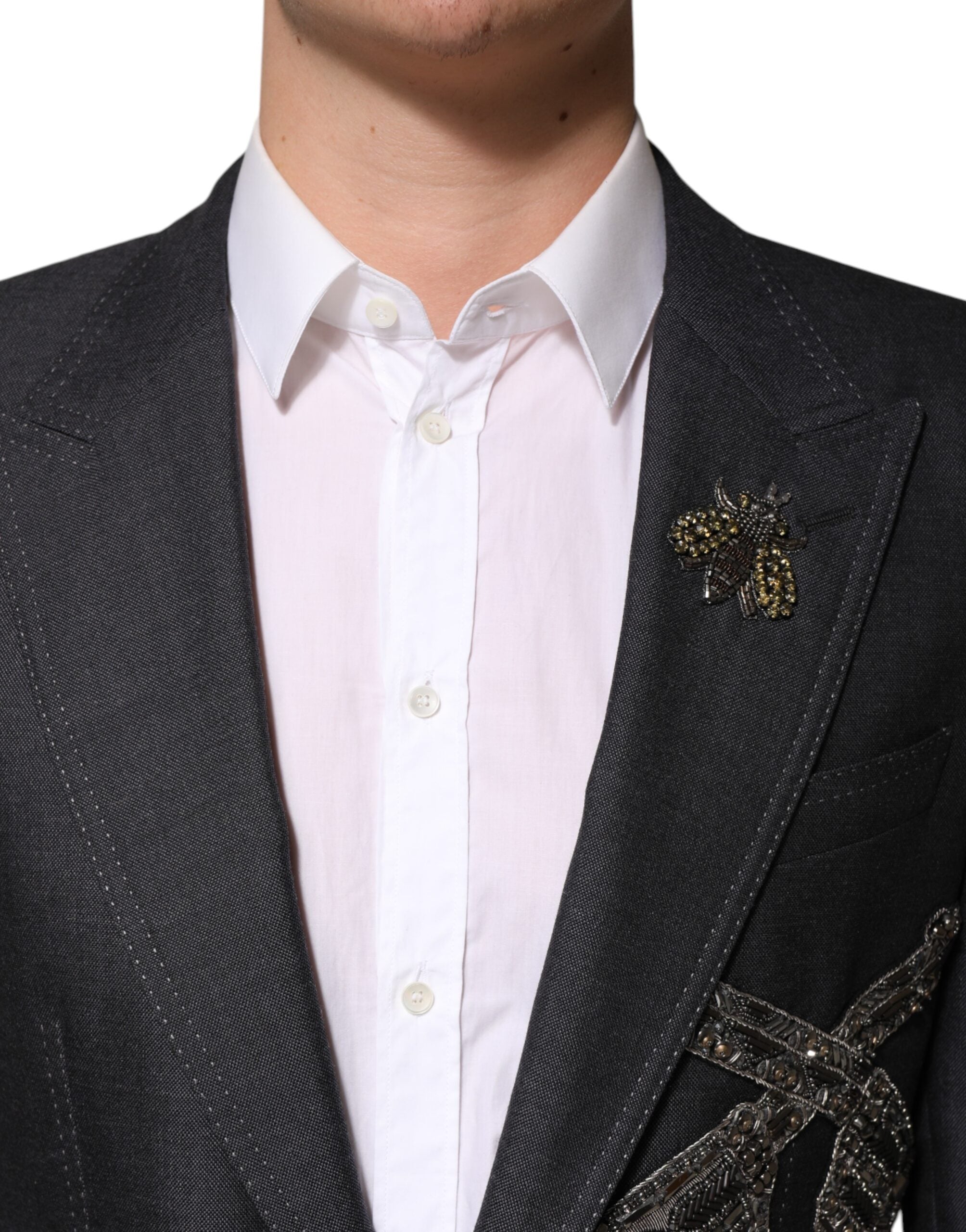 Dolce & Gabbana Dark Gray Bee Embroidery Wool Coat Blazer Dolce & Gabbana