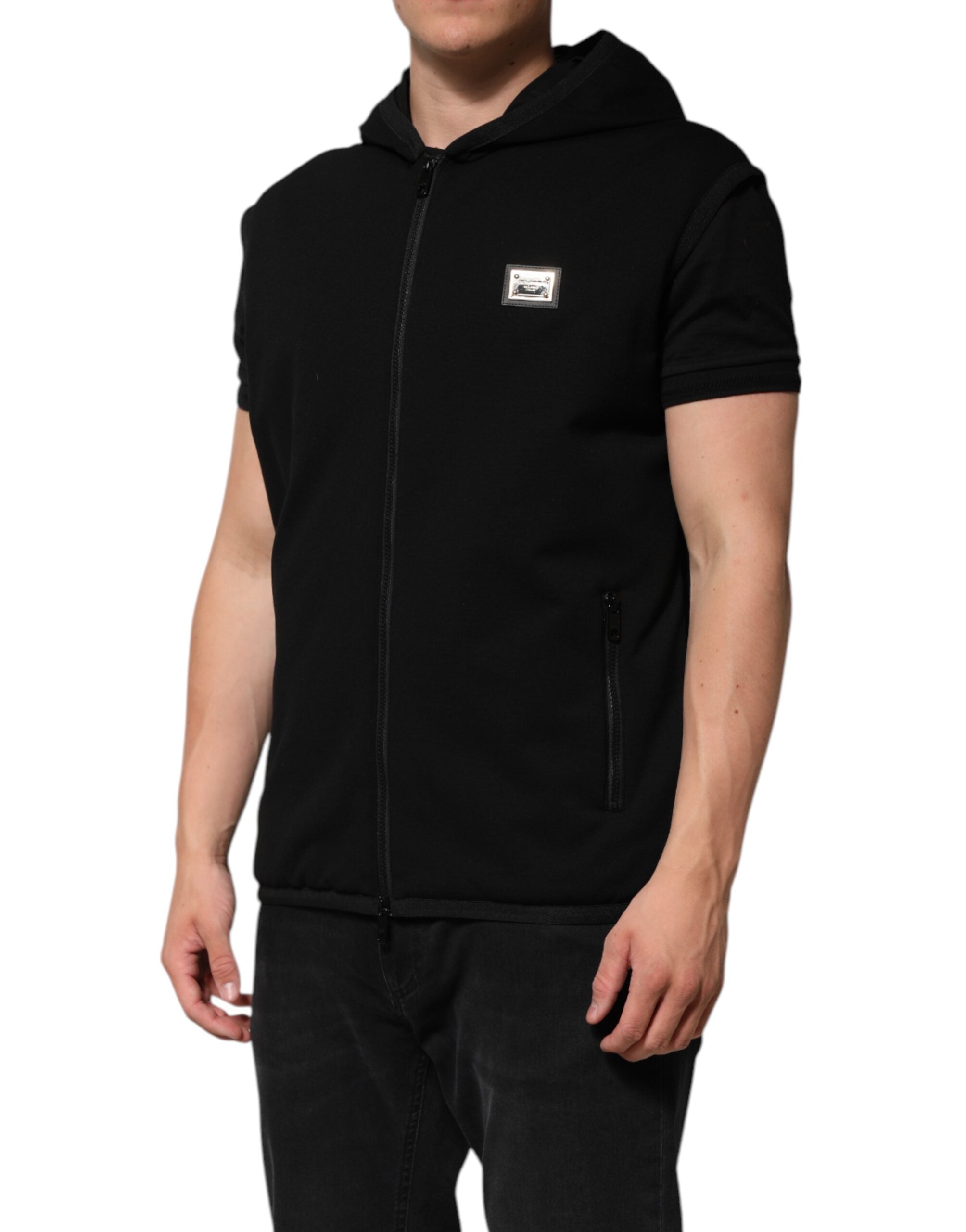 Dolce & Gabbana Black Sleeveless Hooded Logo Plaque Jacket Dolce & Gabbana