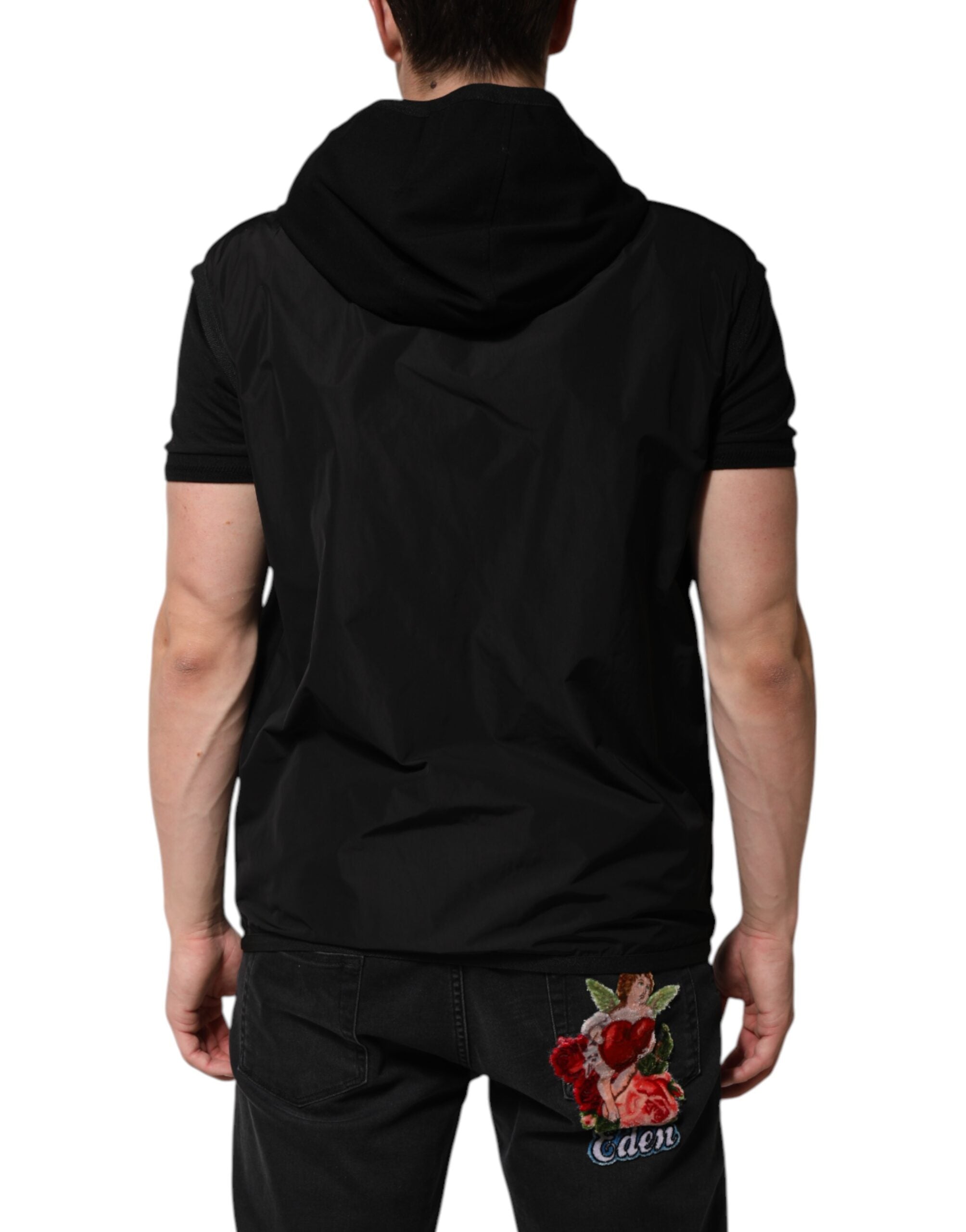 Dolce & Gabbana Black Sleeveless Hooded Logo Plaque Jacket Dolce & Gabbana
