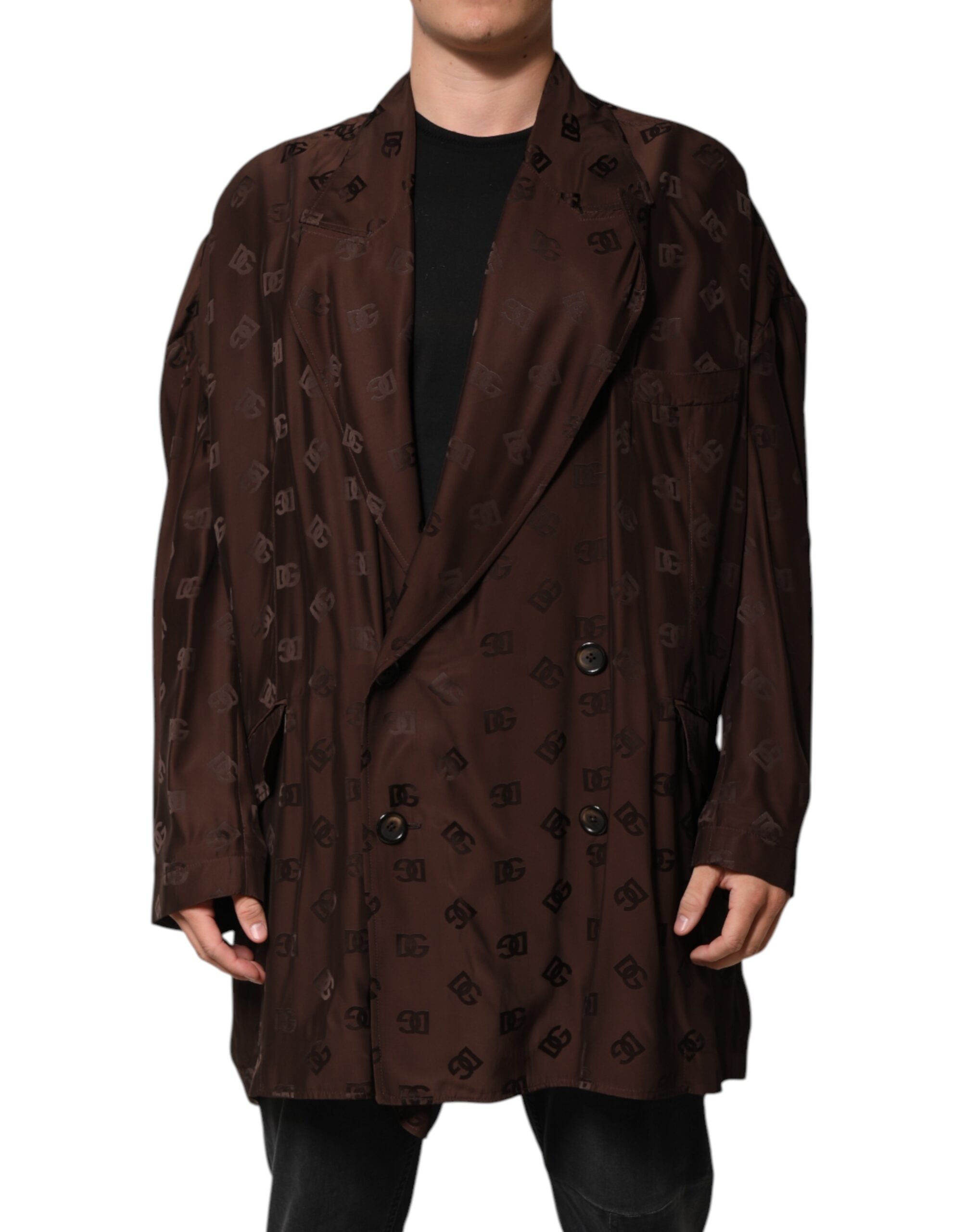 Dolce & Gabbana Brown Polyester Logo Monogram Coat Jacket Dolce & Gabbana