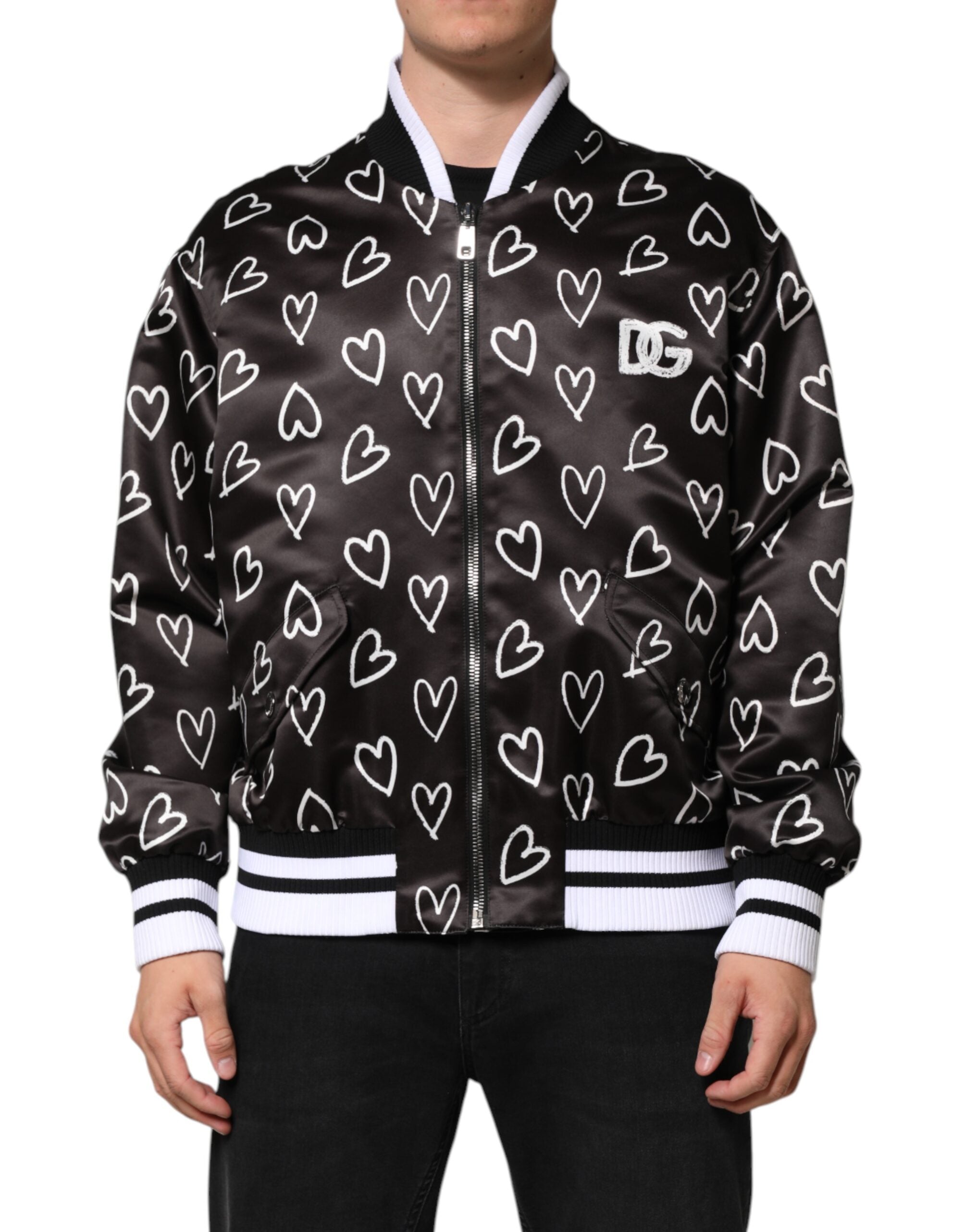 Dolce & Gabbana Black Polyester Heart Print Bomber Jacket Dolce & Gabbana