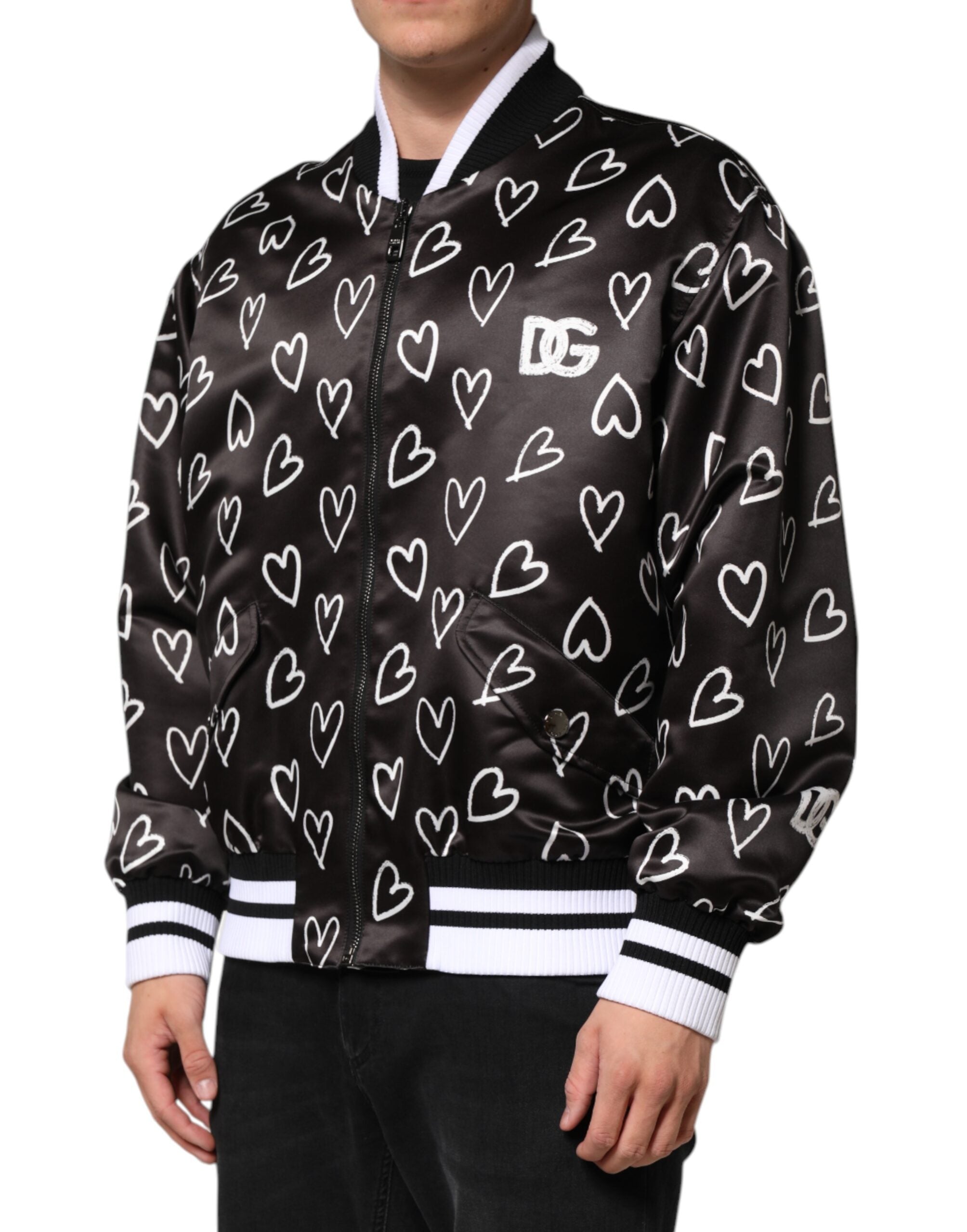 Dolce & Gabbana Black Polyester Heart Print Bomber Jacket Dolce & Gabbana