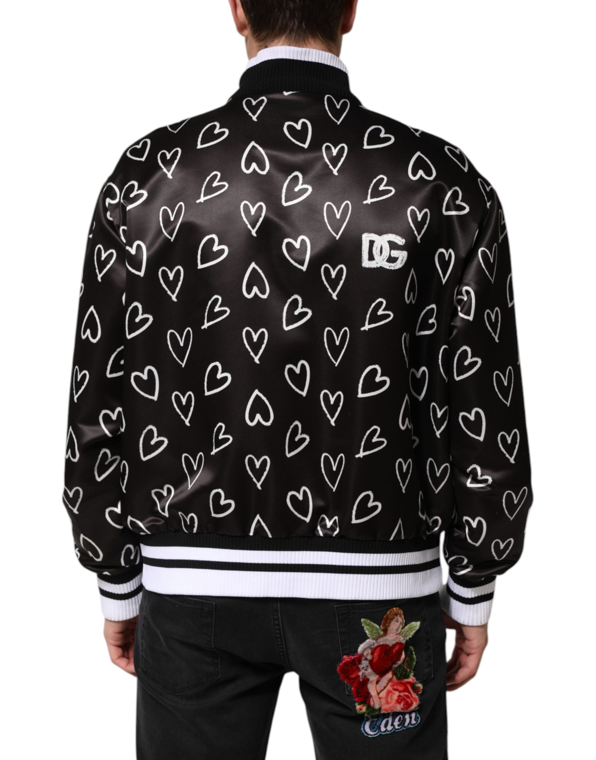 Dolce & Gabbana Black Polyester Heart Print Bomber Jacket Dolce & Gabbana