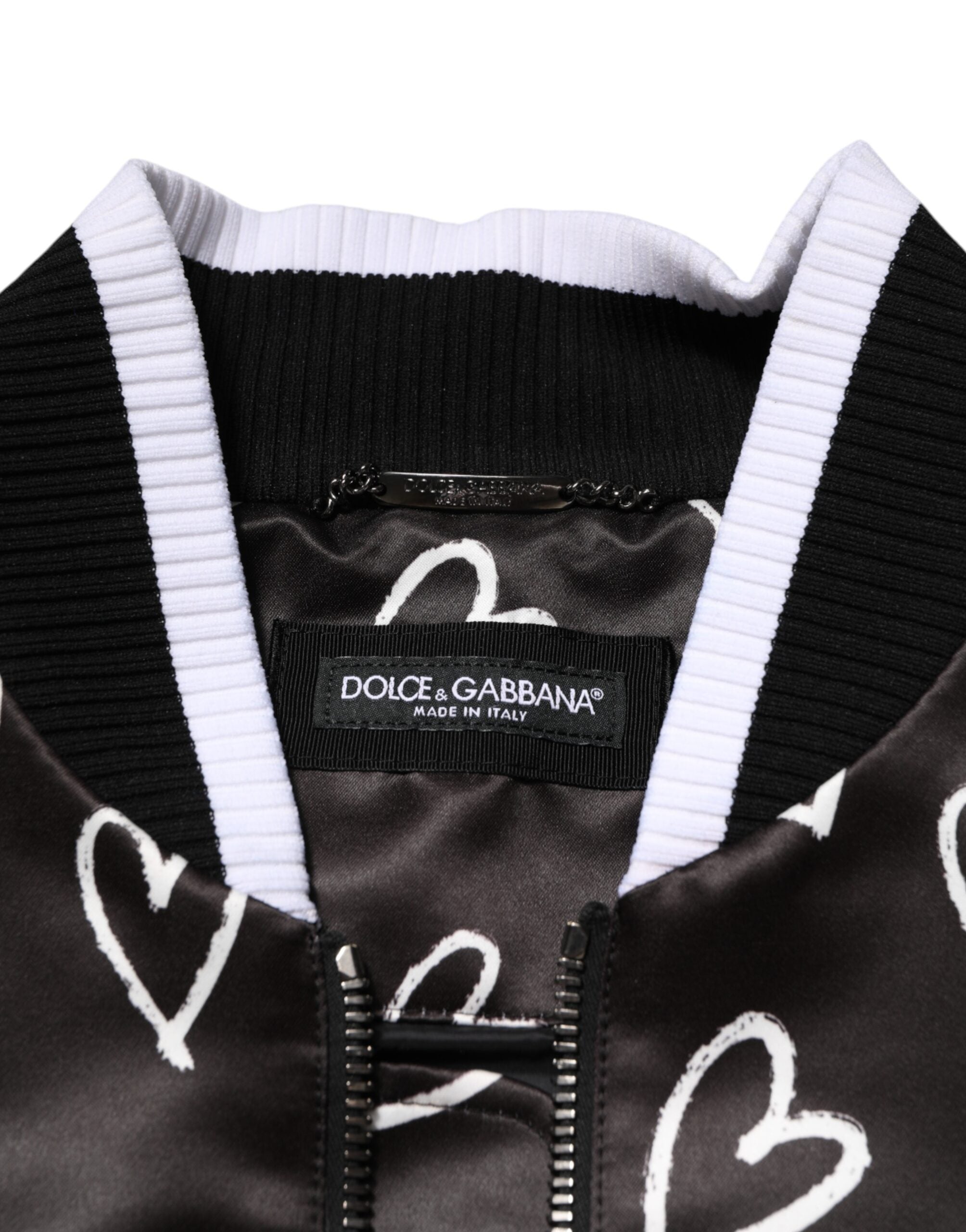 Dolce & Gabbana Black Polyester Heart Print Bomber Jacket Dolce & Gabbana