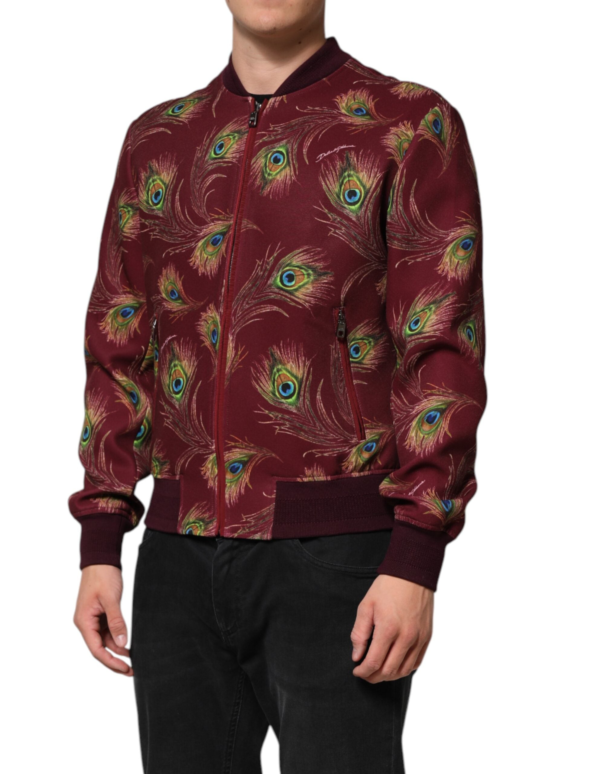 Dolce & Gabbana Maroon Peacock Feather Print Bomber Jacket Dolce & Gabbana