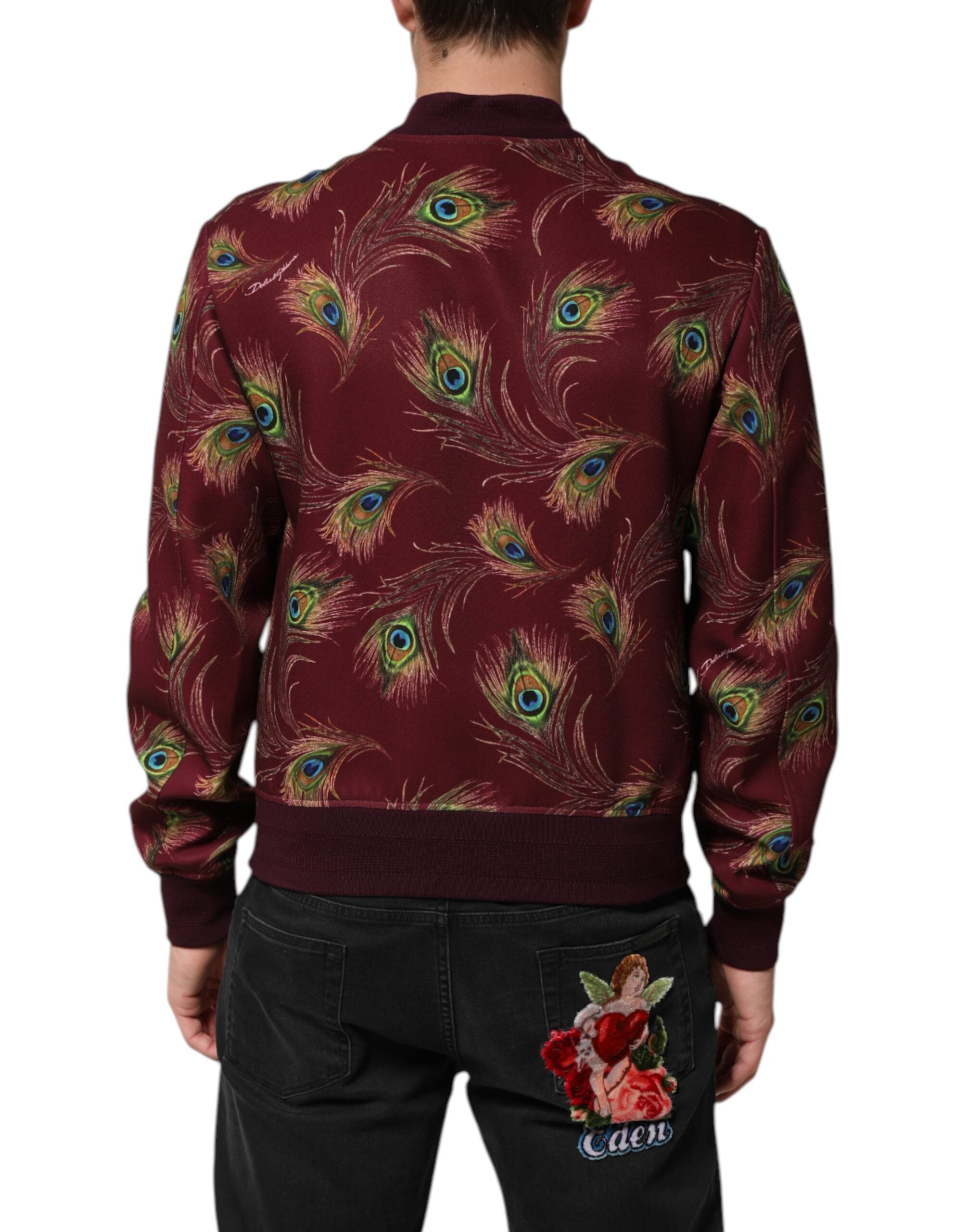 Dolce & Gabbana Maroon Peacock Feather Print Bomber Jacket Dolce & Gabbana