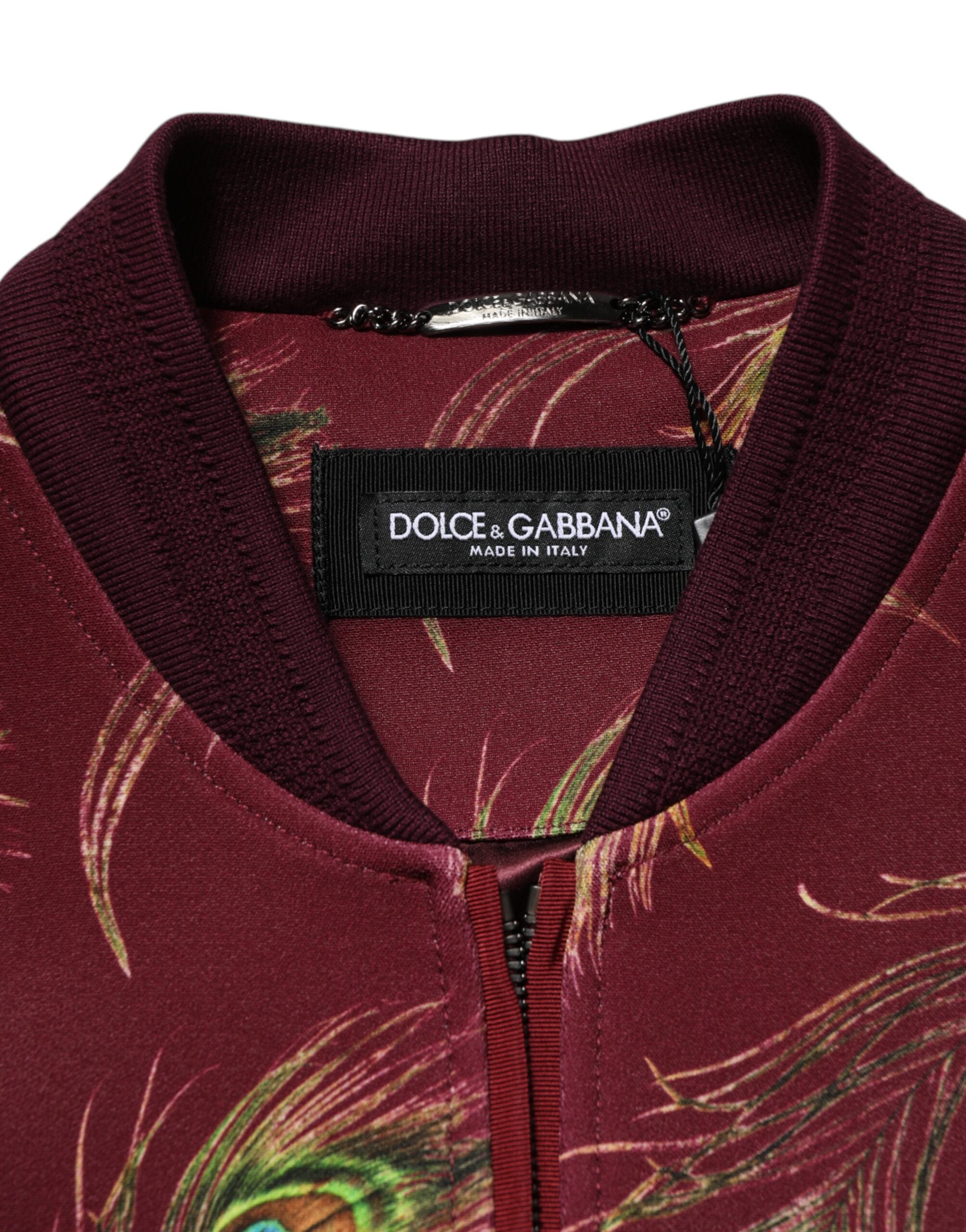 Dolce & Gabbana Maroon Peacock Feather Print Bomber Jacket Dolce & Gabbana
