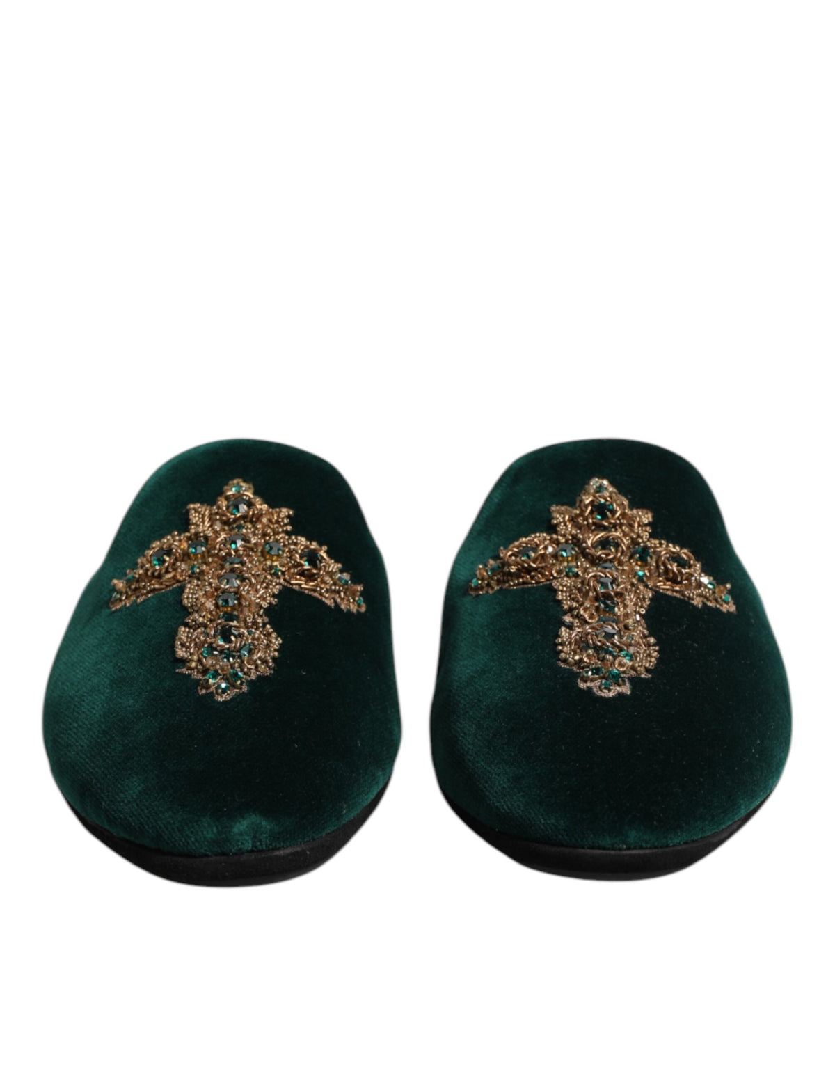 Dolce & Gabbana Green Velvet Cross Embellished Slippers Shoes