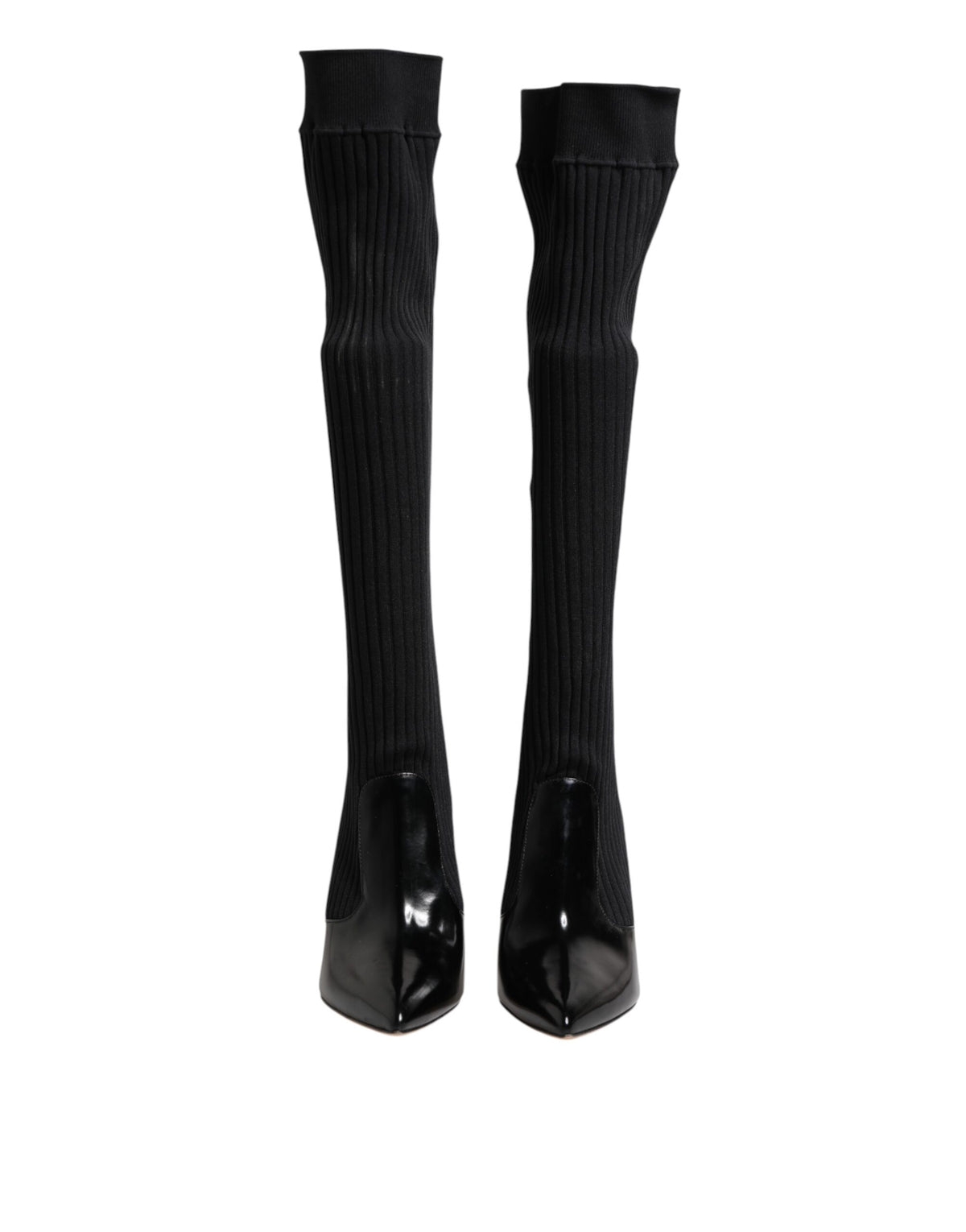 Dolce & Gabbana Black Leather Ribbed Knit Knee Boots Shoes