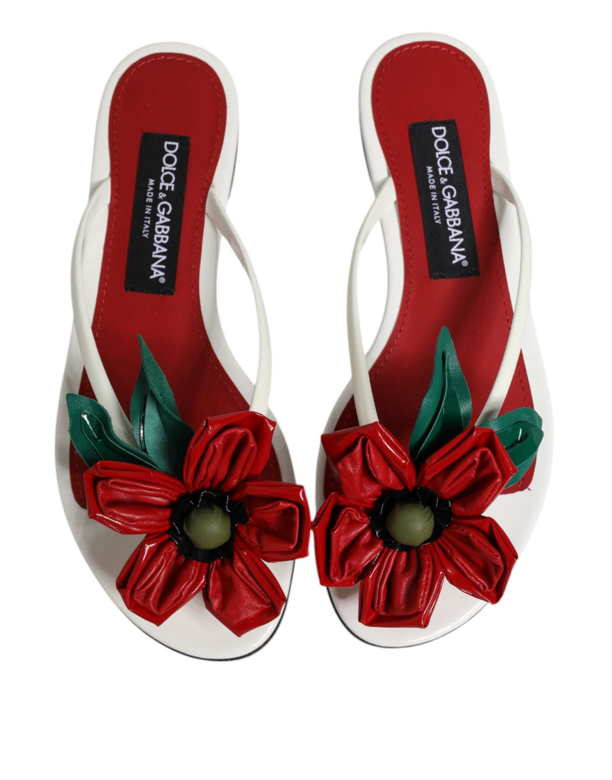 Dolce & Gabbana Red White KEIRA Flower Leather Sandals Shoes