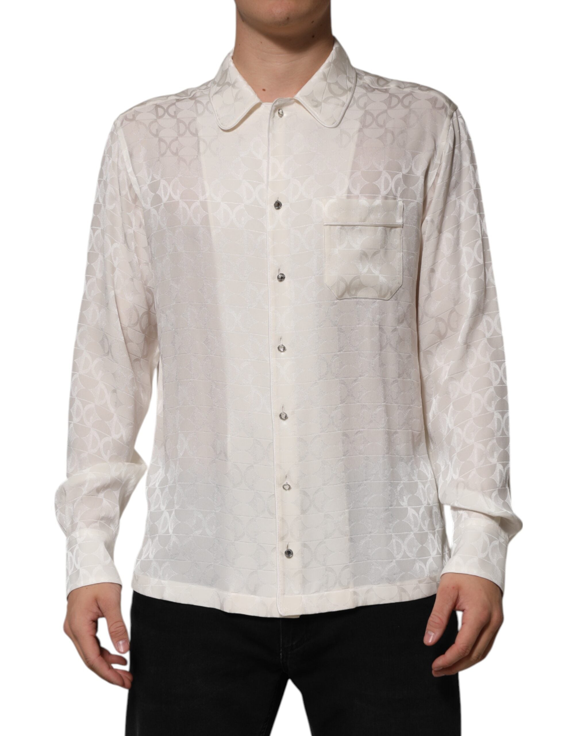Dolce & Gabbana White Silk DG Logo Print Long Sleeves Shirt Dolce & Gabbana