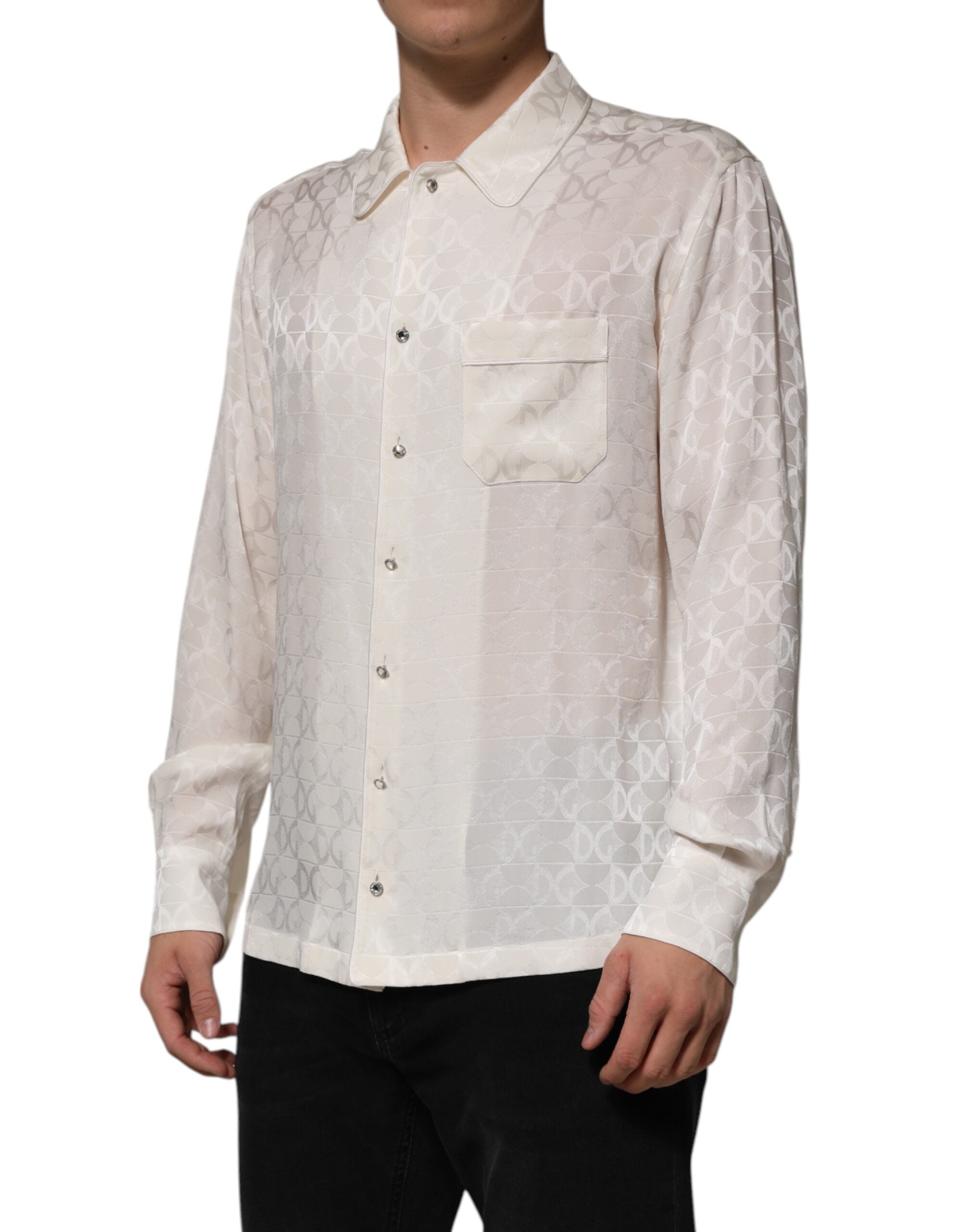 Dolce & Gabbana White Silk DG Logo Print Long Sleeves Shirt Dolce & Gabbana