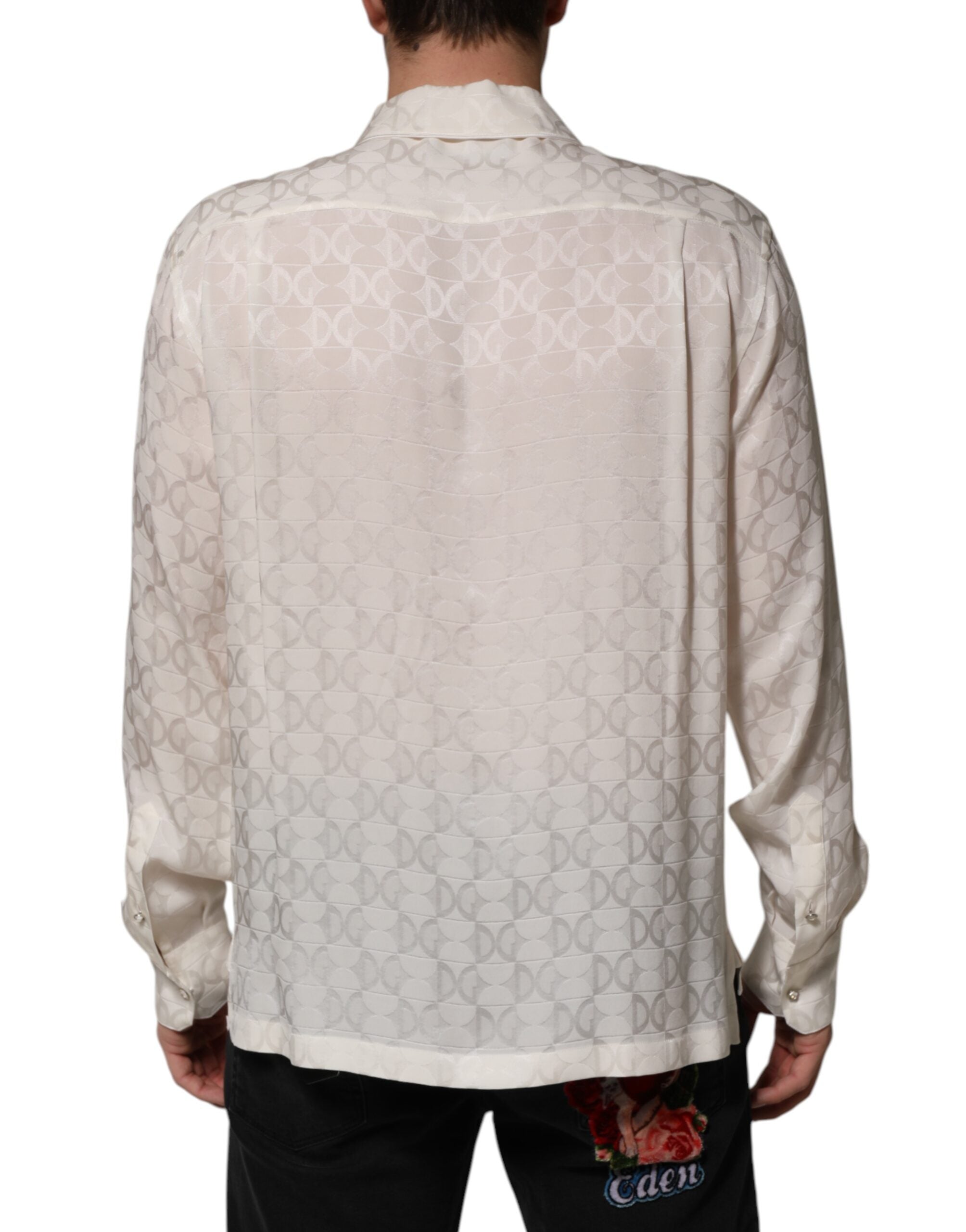 Dolce & Gabbana White Silk DG Logo Print Long Sleeves Shirt Dolce & Gabbana