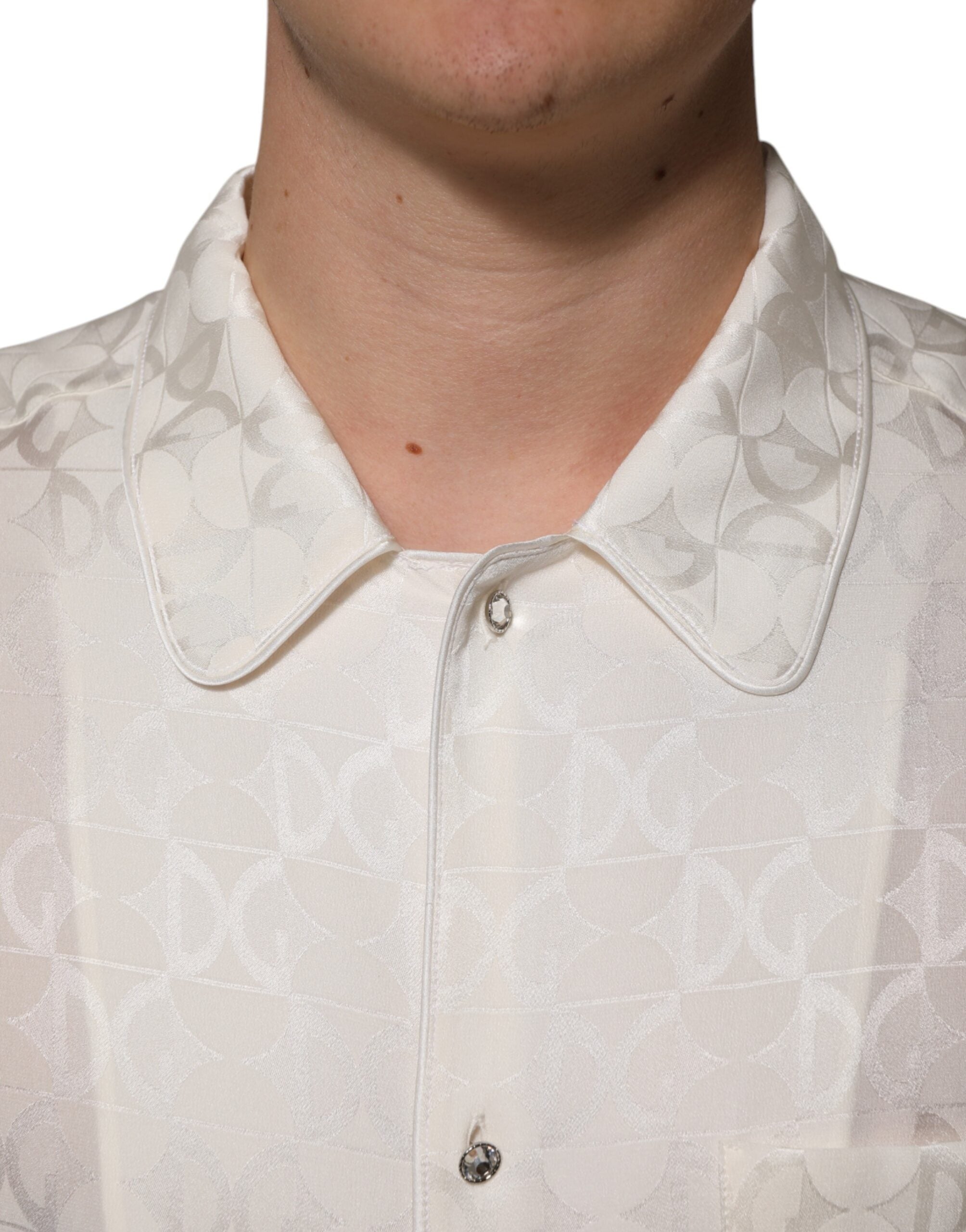 Dolce & Gabbana White Silk DG Logo Print Long Sleeves Shirt Dolce & Gabbana