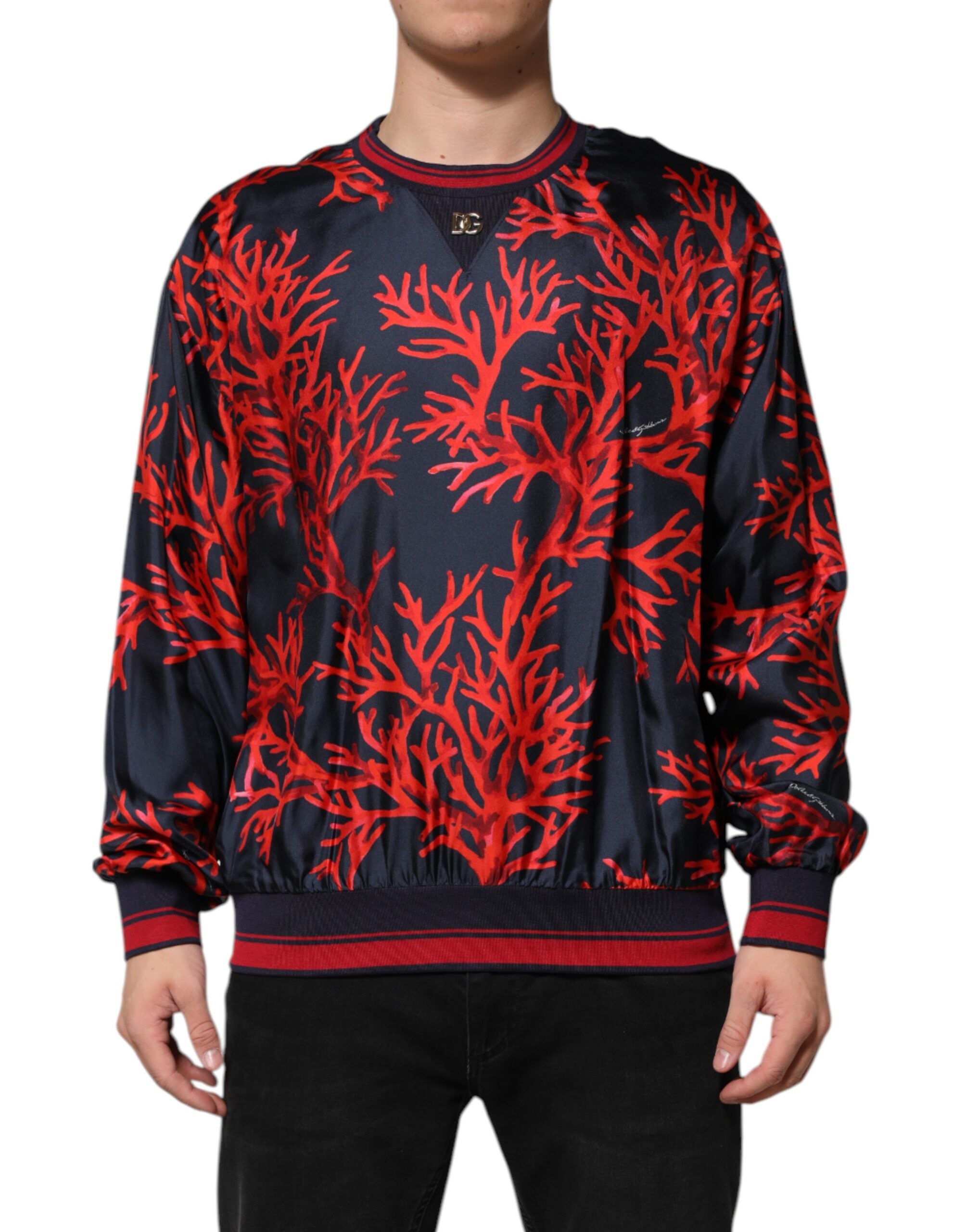 Dolce & Gabbana Navy Red Silk Coral Print Pullover Sweater Dolce & Gabbana