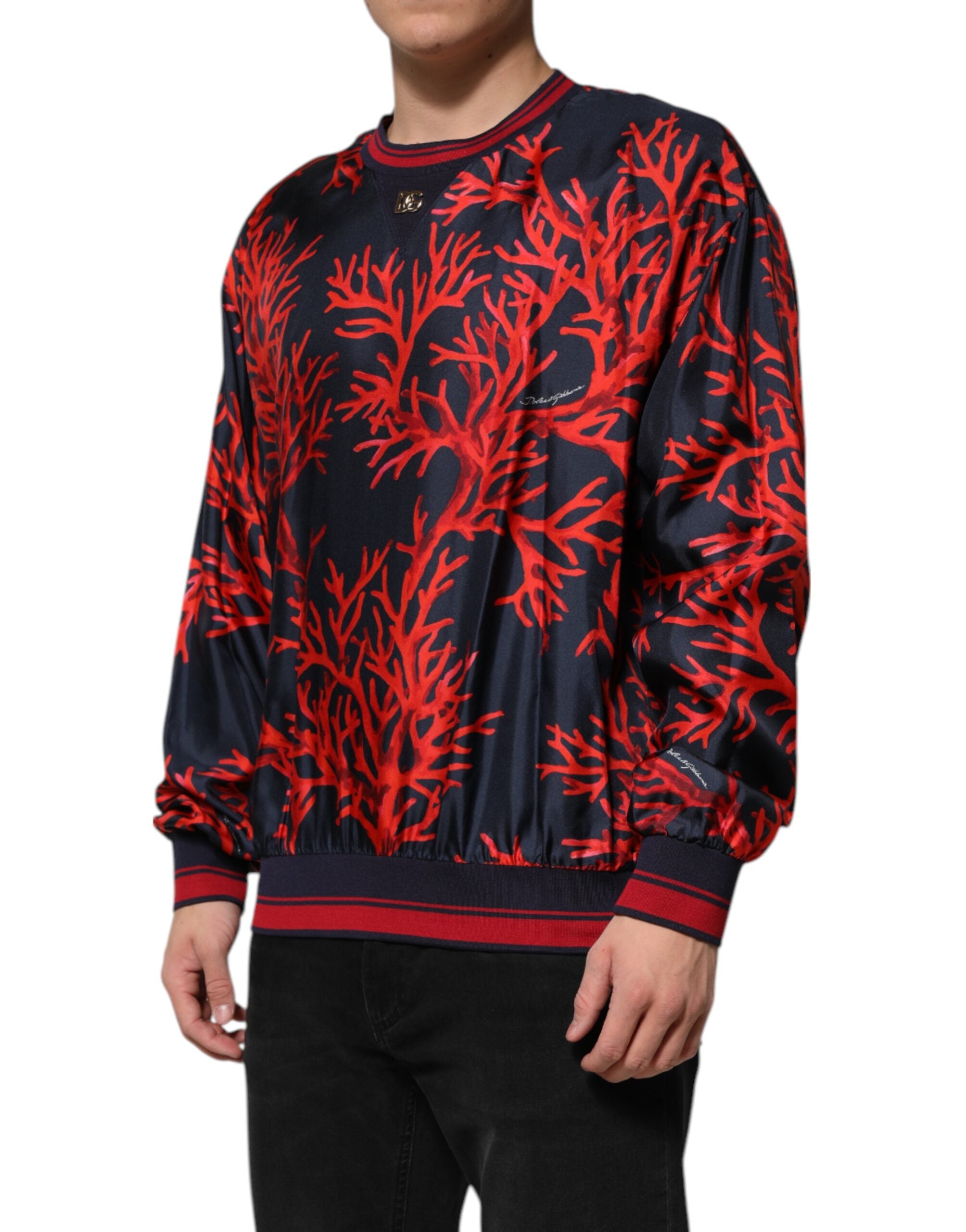 Dolce & Gabbana Navy Red Silk Coral Print Pullover Sweater Dolce & Gabbana