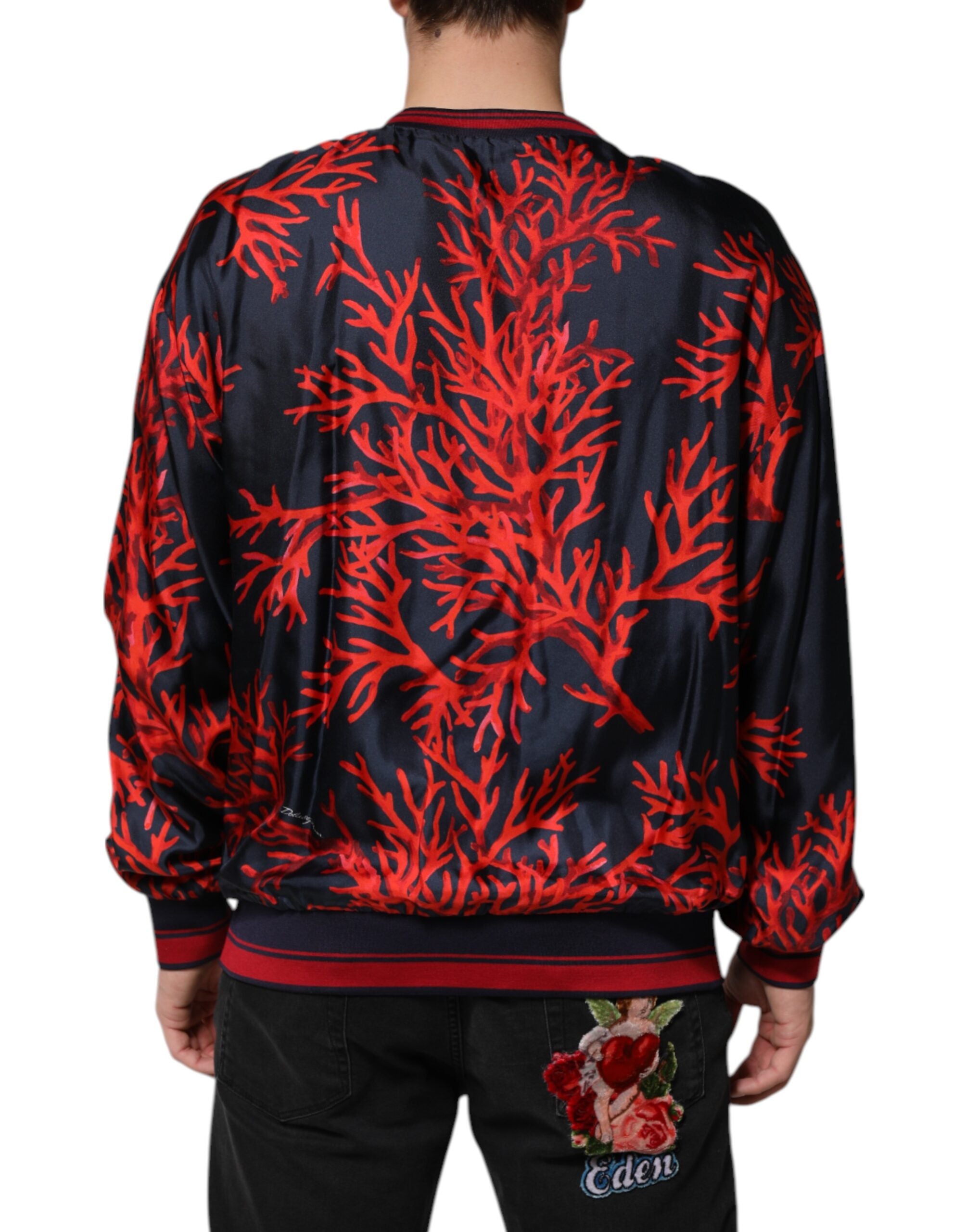 Dolce & Gabbana Navy Red Silk Coral Print Pullover Sweater Dolce & Gabbana
