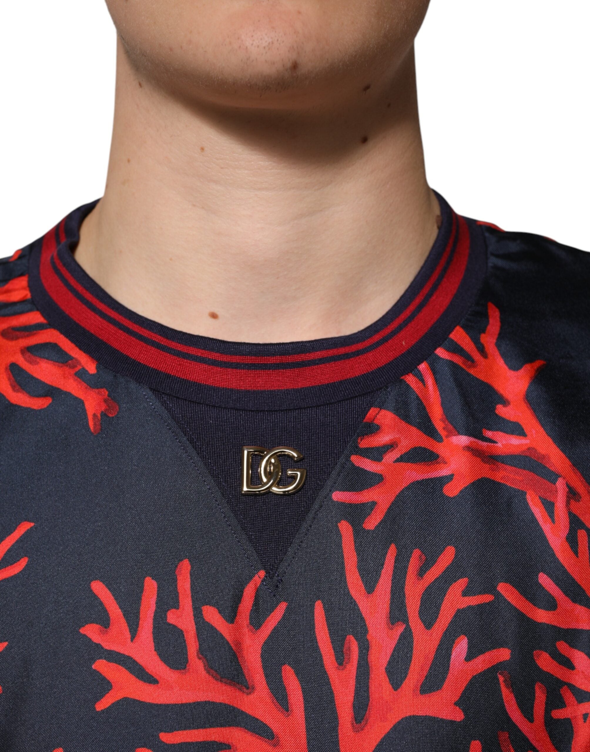 Dolce & Gabbana Navy Red Silk Coral Print Pullover Sweater Dolce & Gabbana