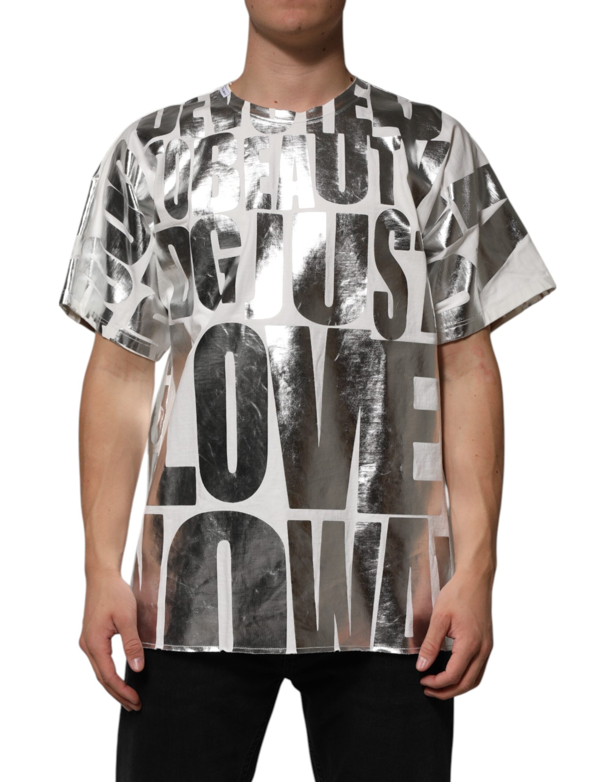 Dolce & Gabbana White Cotton Silver Metallic Slogan Print T-shirt Dolce & Gabbana