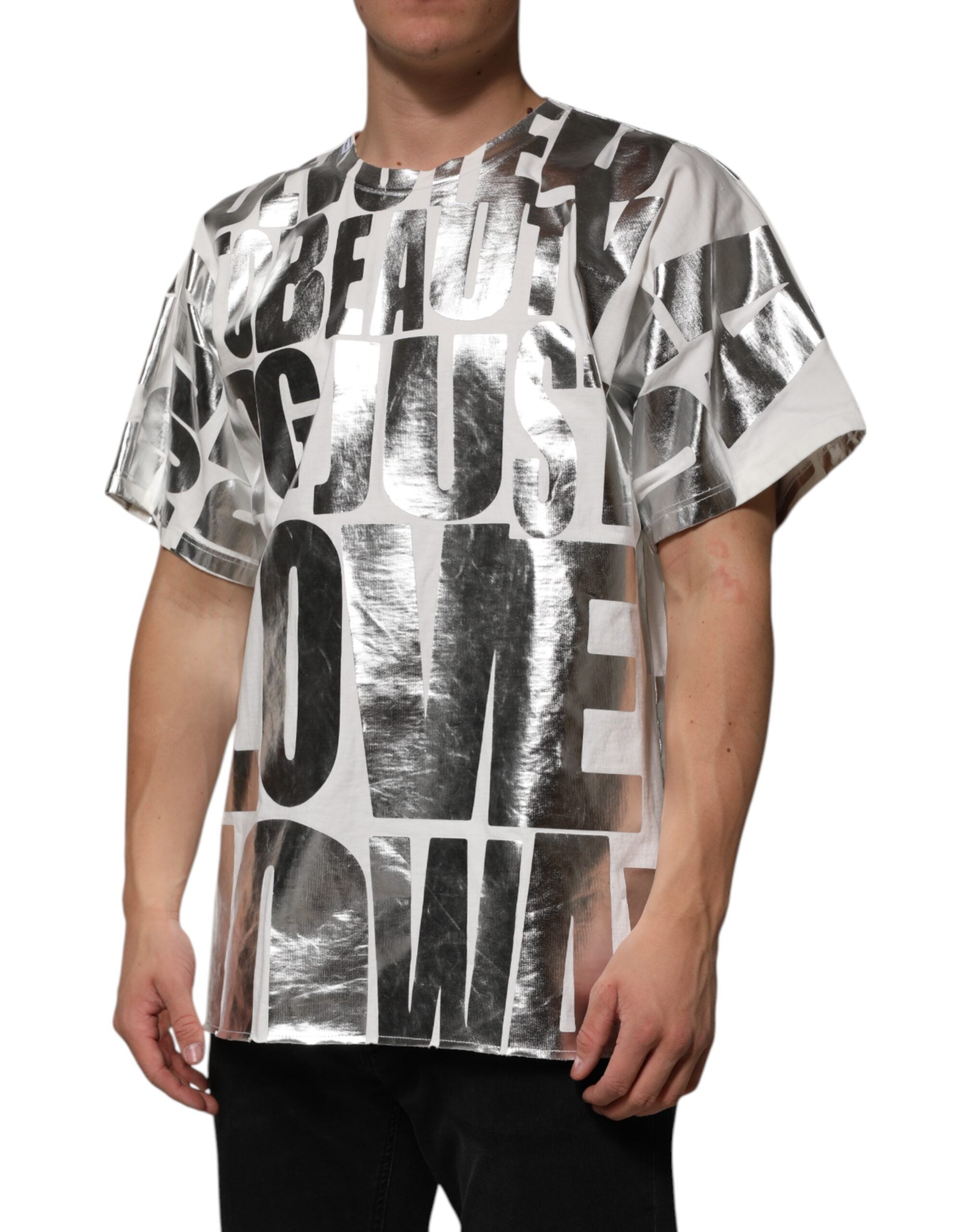 Dolce & Gabbana White Cotton Silver Metallic Slogan Print T-shirt Dolce & Gabbana