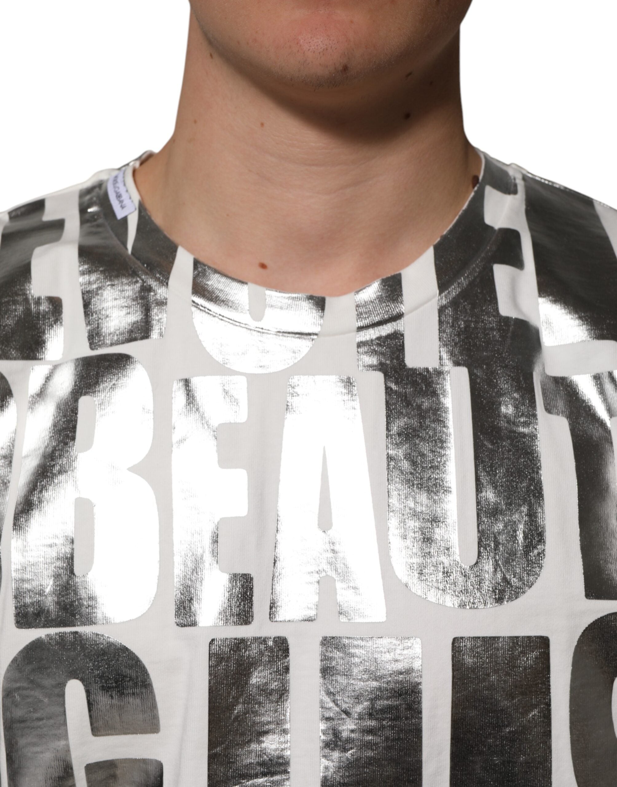 Dolce & Gabbana White Cotton Silver Metallic Slogan Print T-shirt Dolce & Gabbana