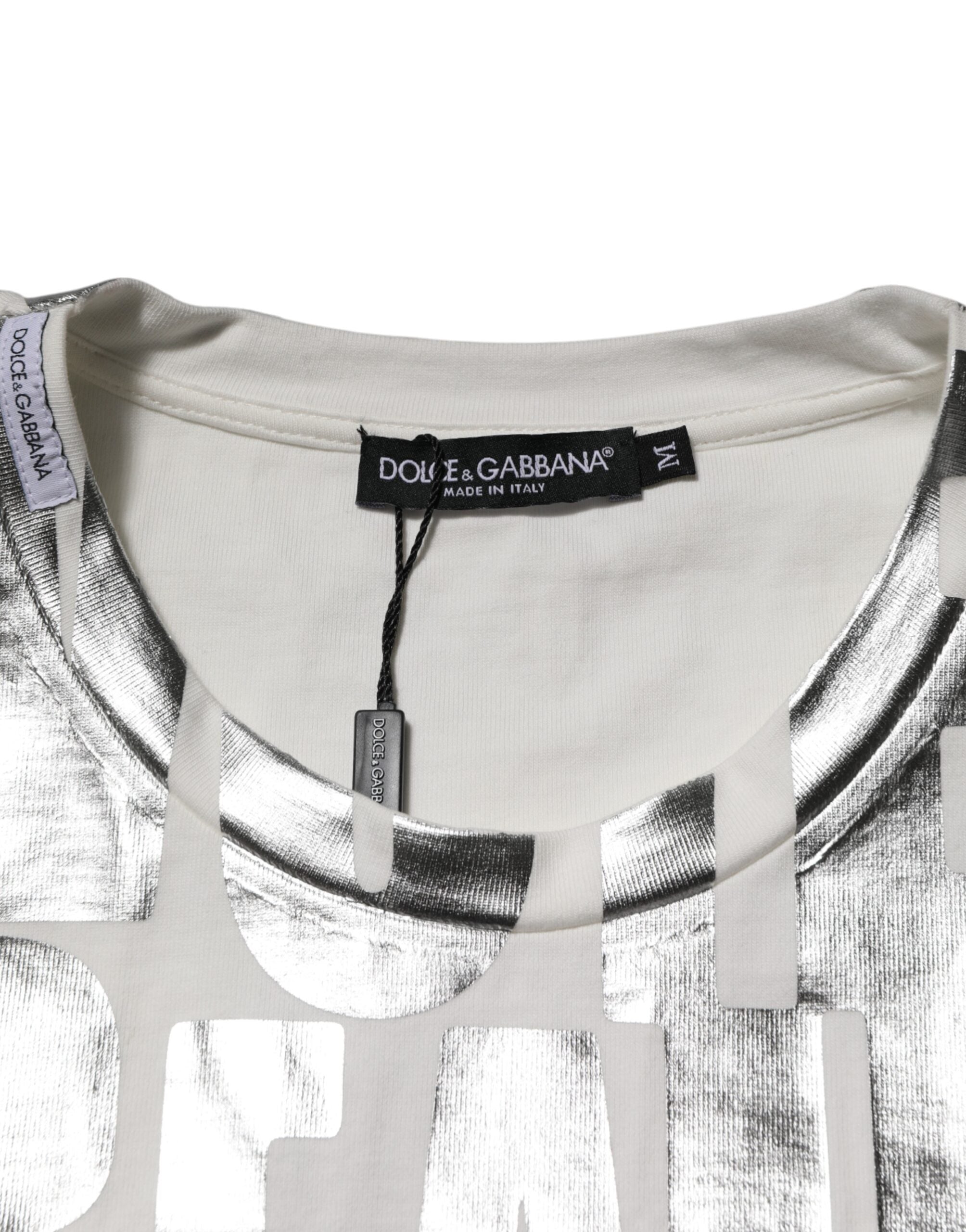 Dolce & Gabbana White Cotton Silver Metallic Slogan Print T-shirt Dolce & Gabbana