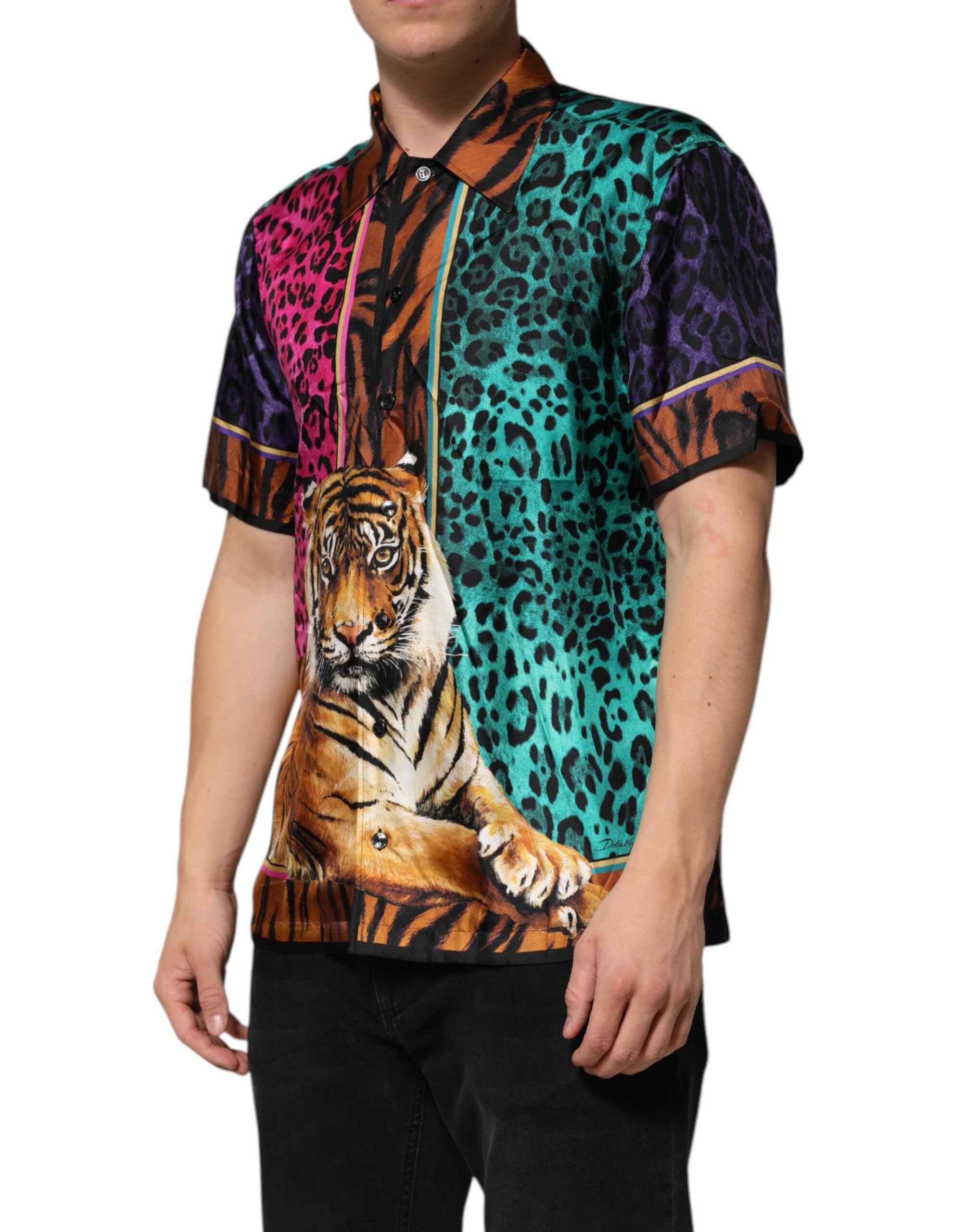 Dolce & Gabbana Multicolor Silk Tiger Print Hawaiian T-shirt Dolce & Gabbana