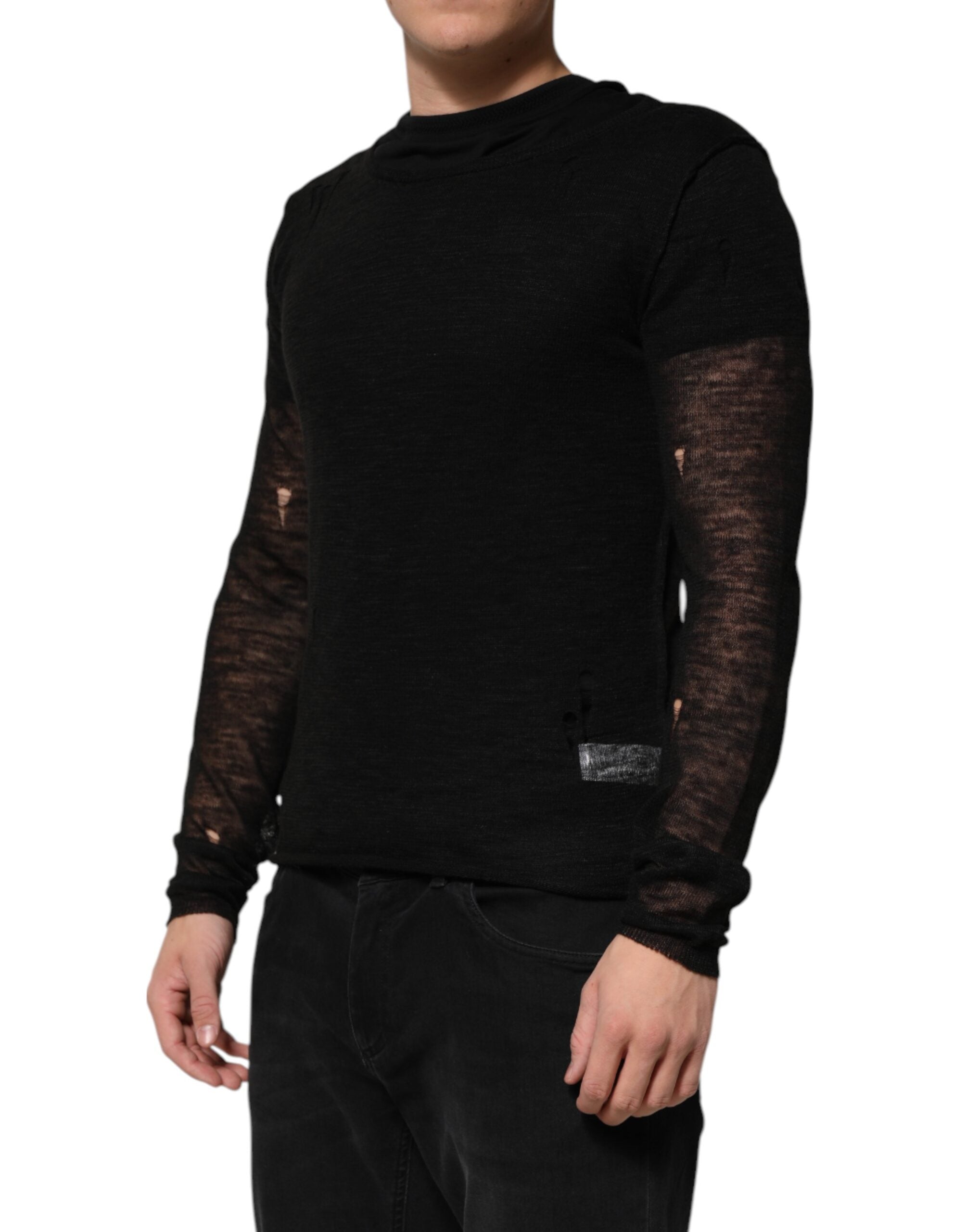 Dolce & Gabbana Black Linen Mesh Tattered Longsleeves T-shirt Dolce & Gabbana