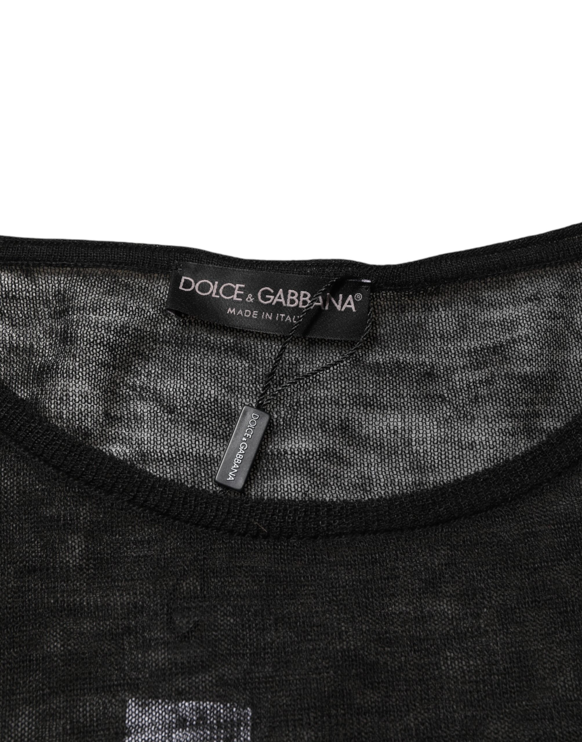 Dolce & Gabbana Black Linen Mesh Tattered Longsleeves T-shirt Dolce & Gabbana
