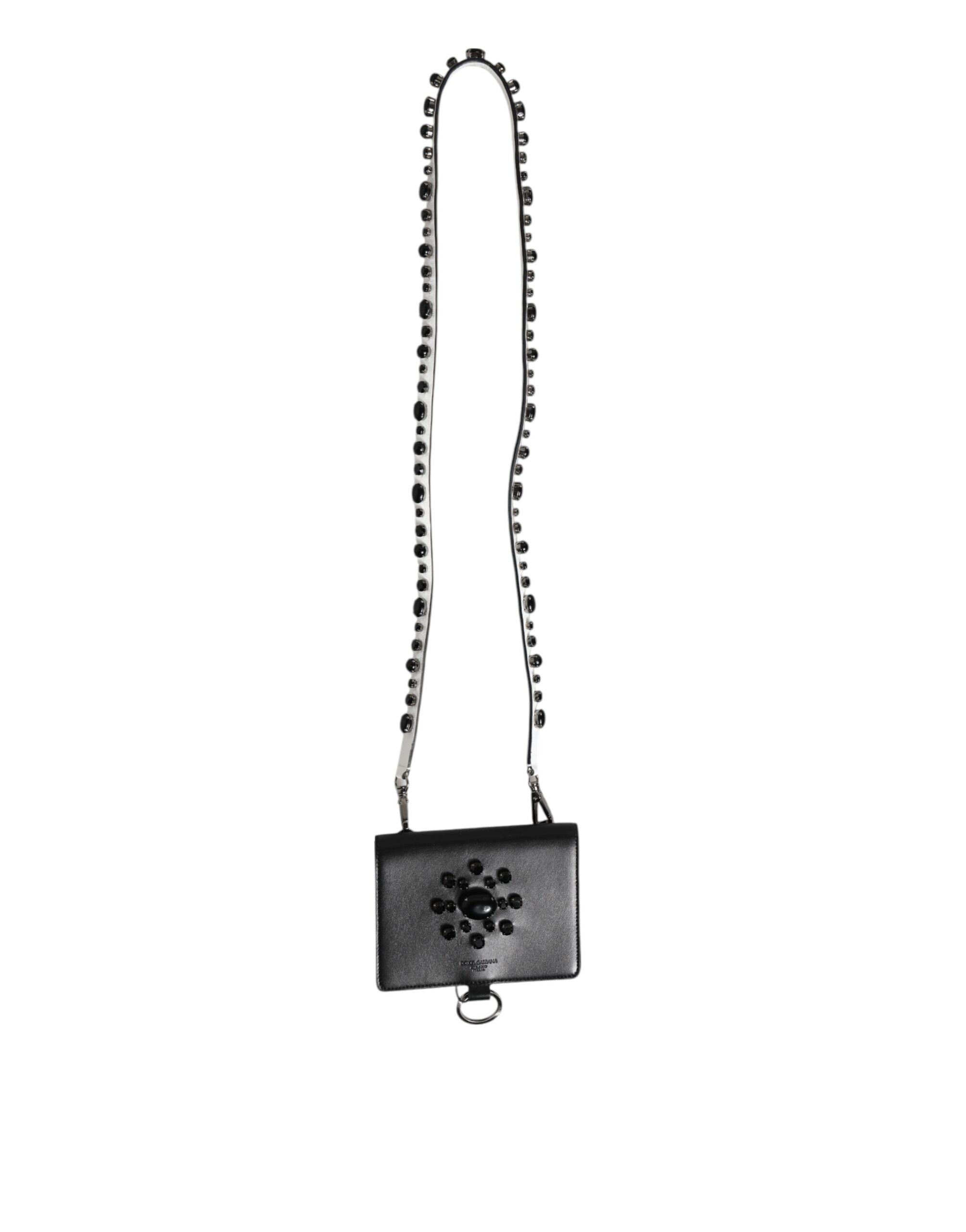 Dolce & Gabbana Black Leather Crystal Embellished Card Holder Wallet Dolce & Gabbana