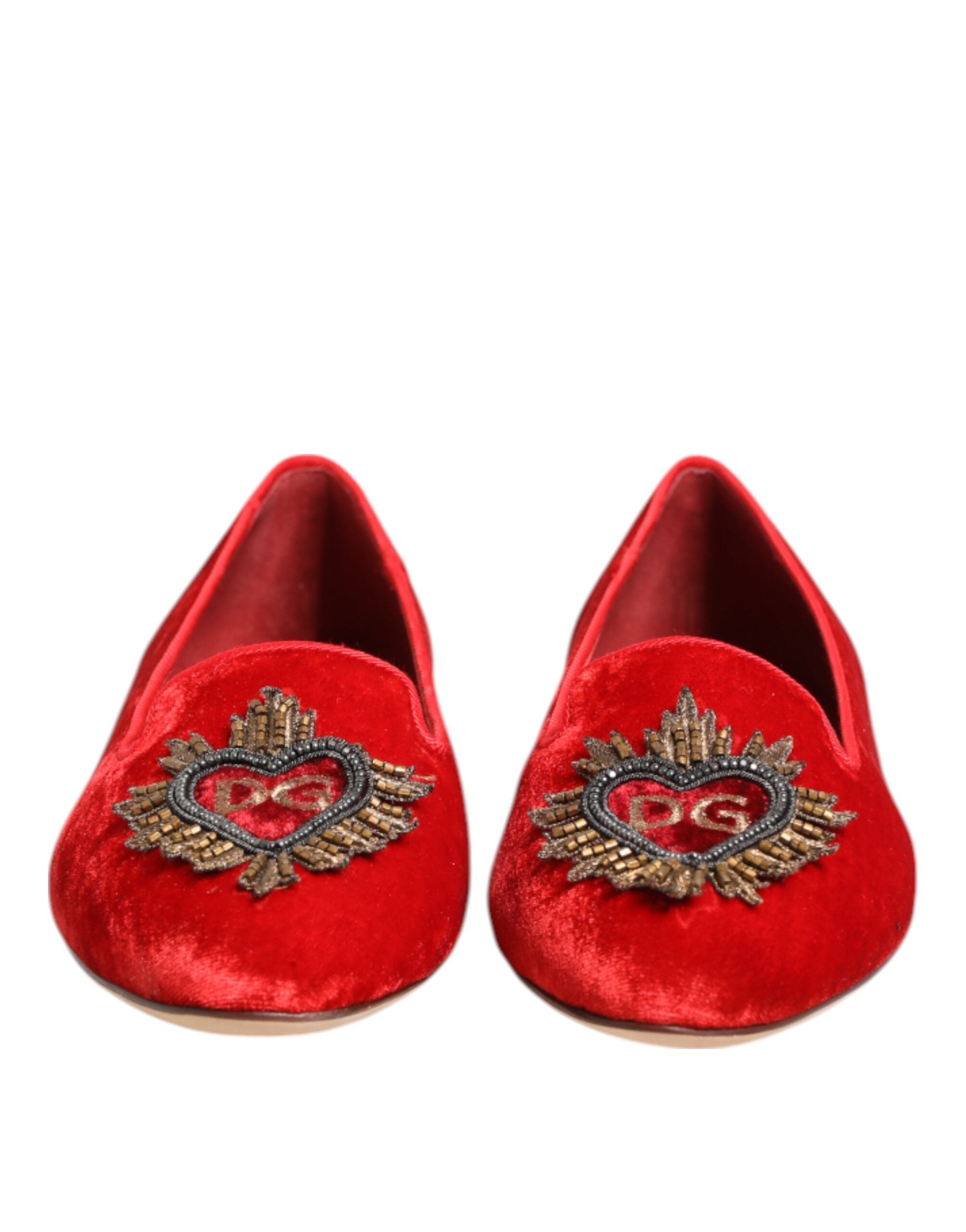 Dolce & Gabbana Red Velvet DG Heart Loafers Flat Shoes Dolce & Gabbana