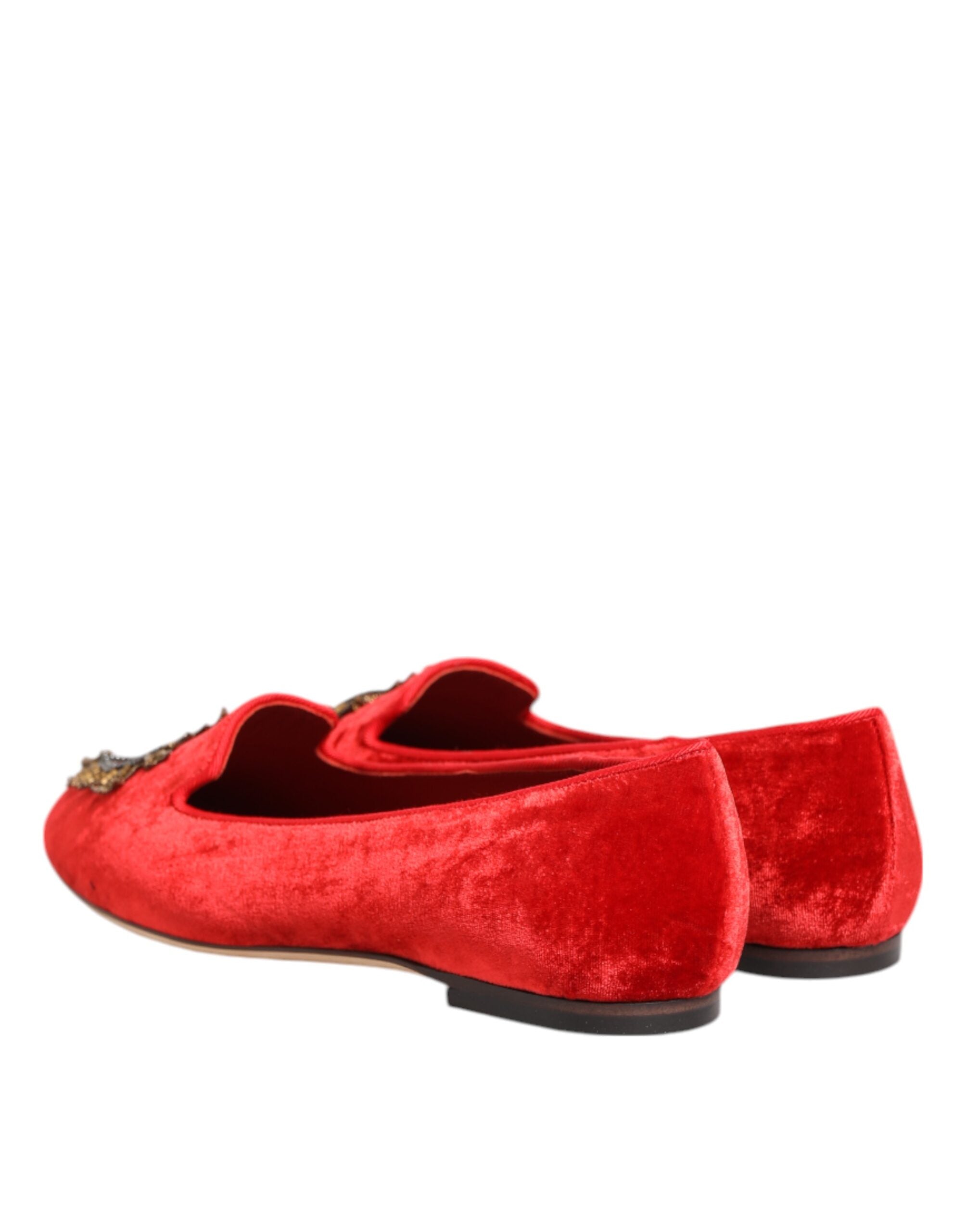 Dolce & Gabbana Red Velvet DG Heart Loafers Flat Shoes Dolce & Gabbana