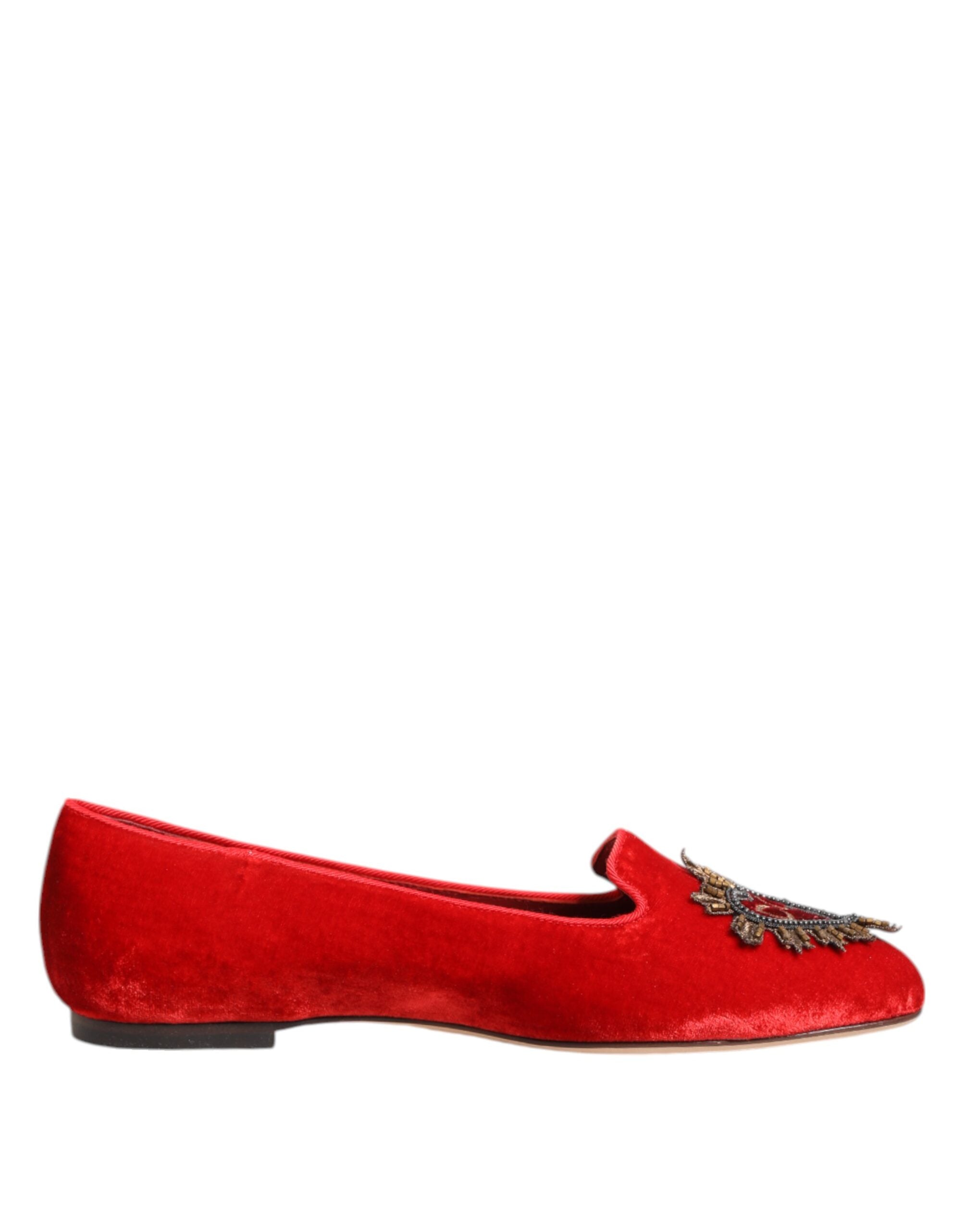 Dolce & Gabbana Red Velvet DG Heart Loafers Flat Shoes Dolce & Gabbana