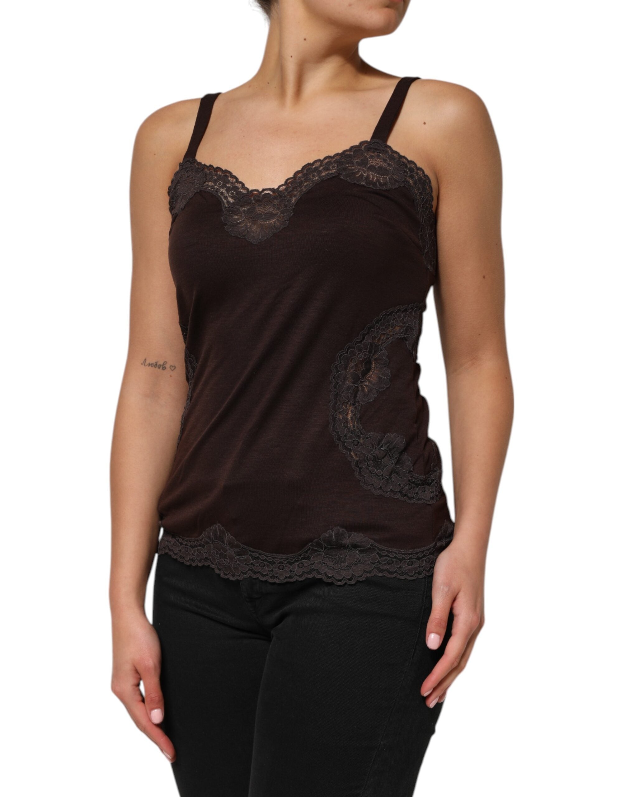 Dolce & Gabbana Dark Brown Lace Trim Wool Sleeveless Tank Top Dolce & Gabbana