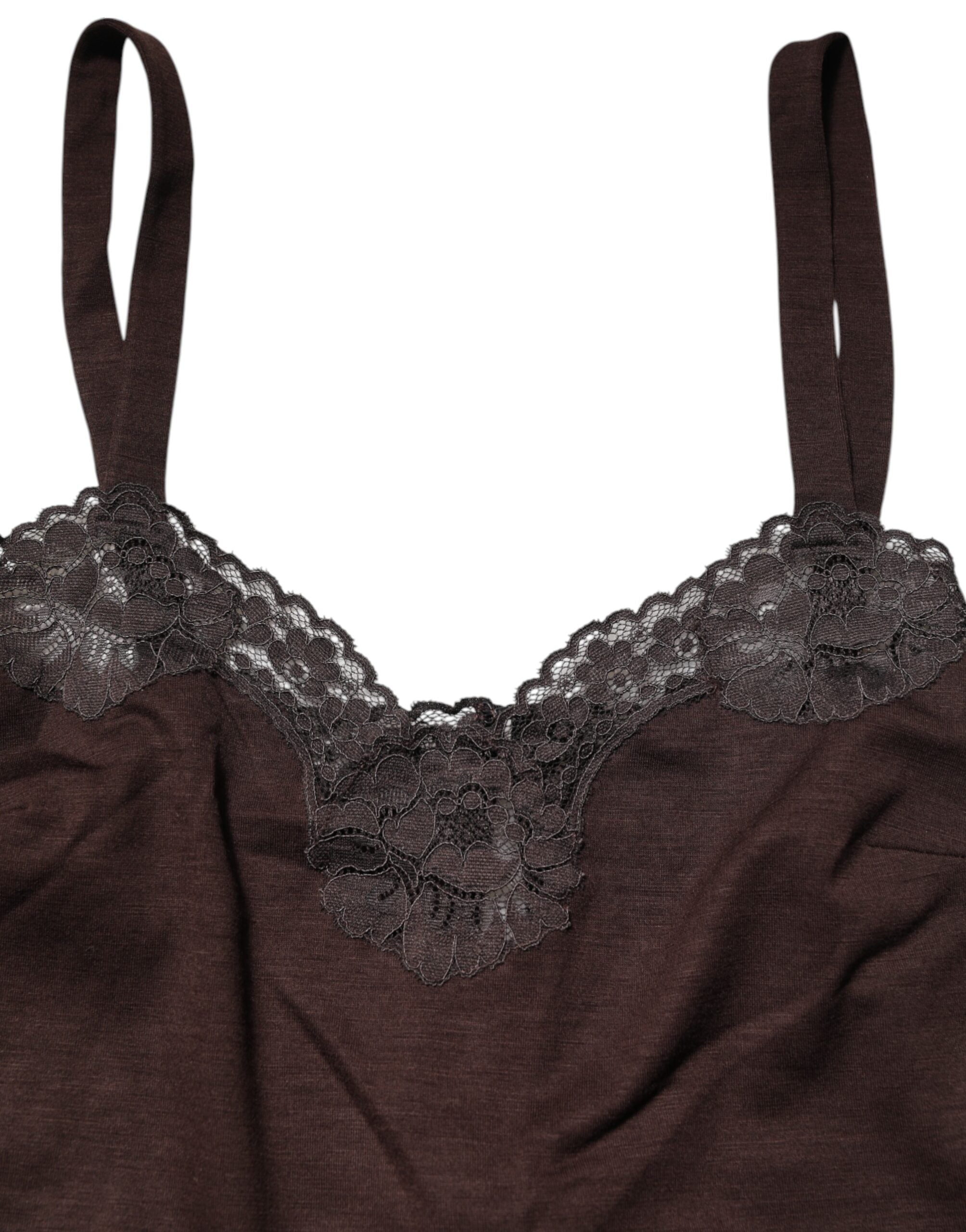 Dolce & Gabbana Dark Brown Lace Trim Wool Sleeveless Tank Top Dolce & Gabbana