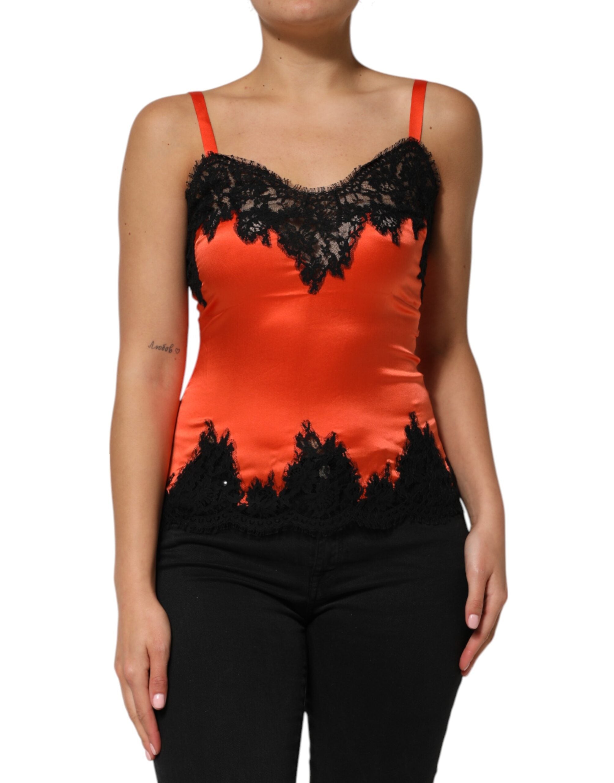 Dolce & Gabbana Red Black Lace Trim Silk Sleeveless Tank Top Dolce & Gabbana