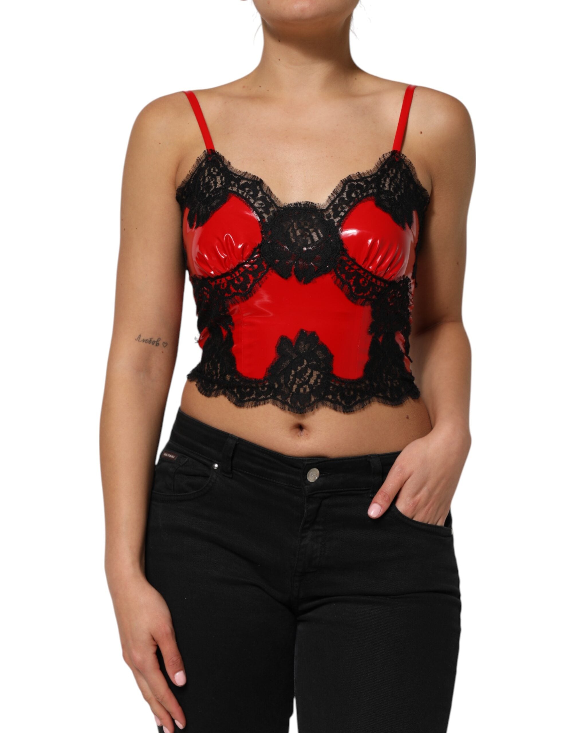 Dolce & Gabbana Red Black Lace Trim Polyester Sleeveless Tank Top Dolce & Gabbana