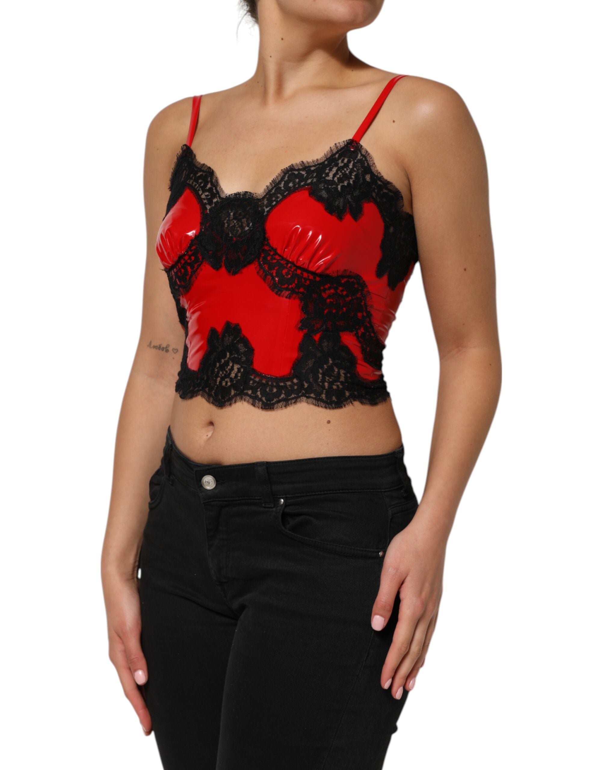 Dolce & Gabbana Red Black Lace Trim Polyester Sleeveless Tank Top Dolce & Gabbana