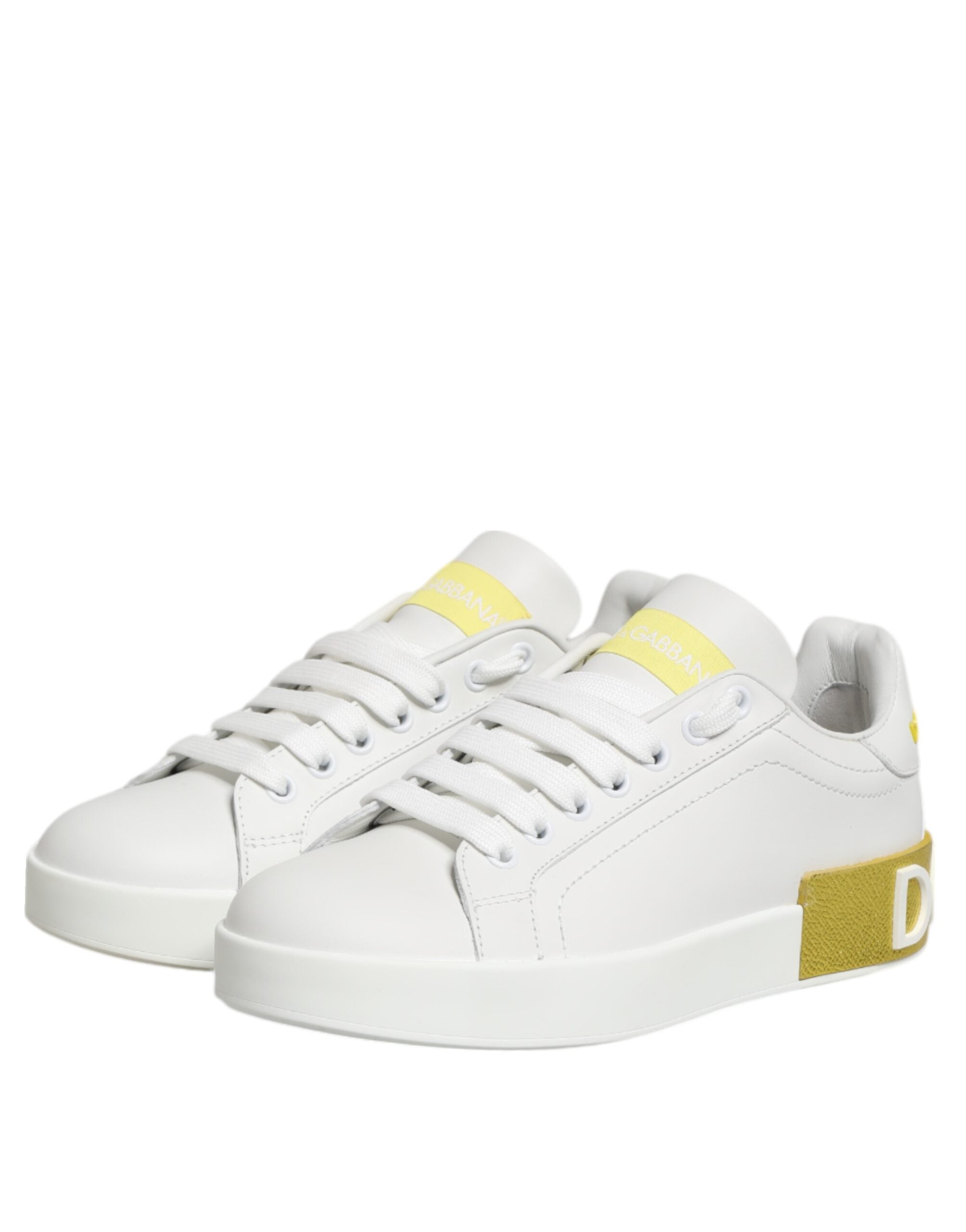 Dolce & Gabbana White Yellow Leather Low Top Sneakers Shoes Dolce & Gabbana