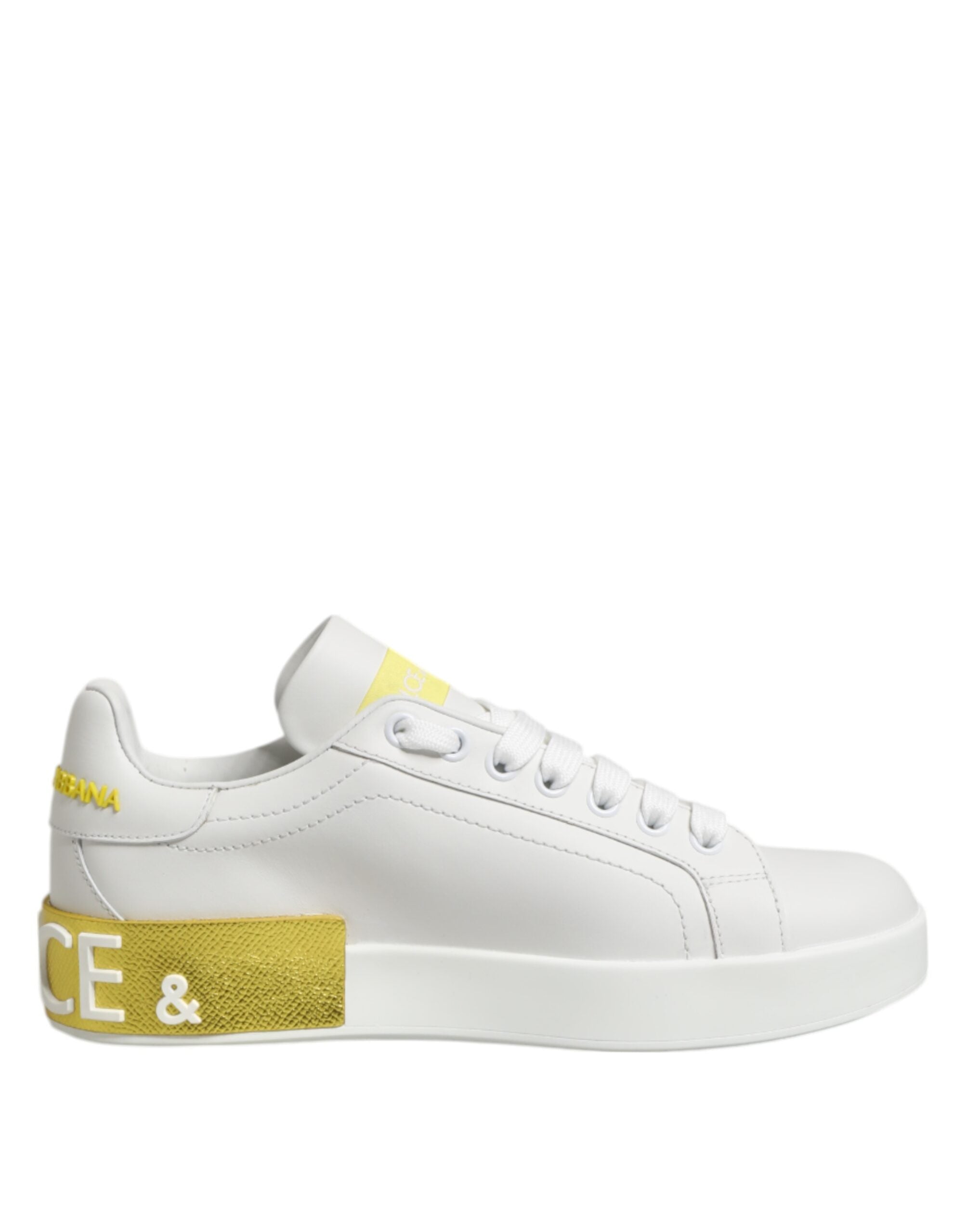 Dolce & Gabbana White Yellow Leather Low Top Sneakers Shoes Dolce & Gabbana