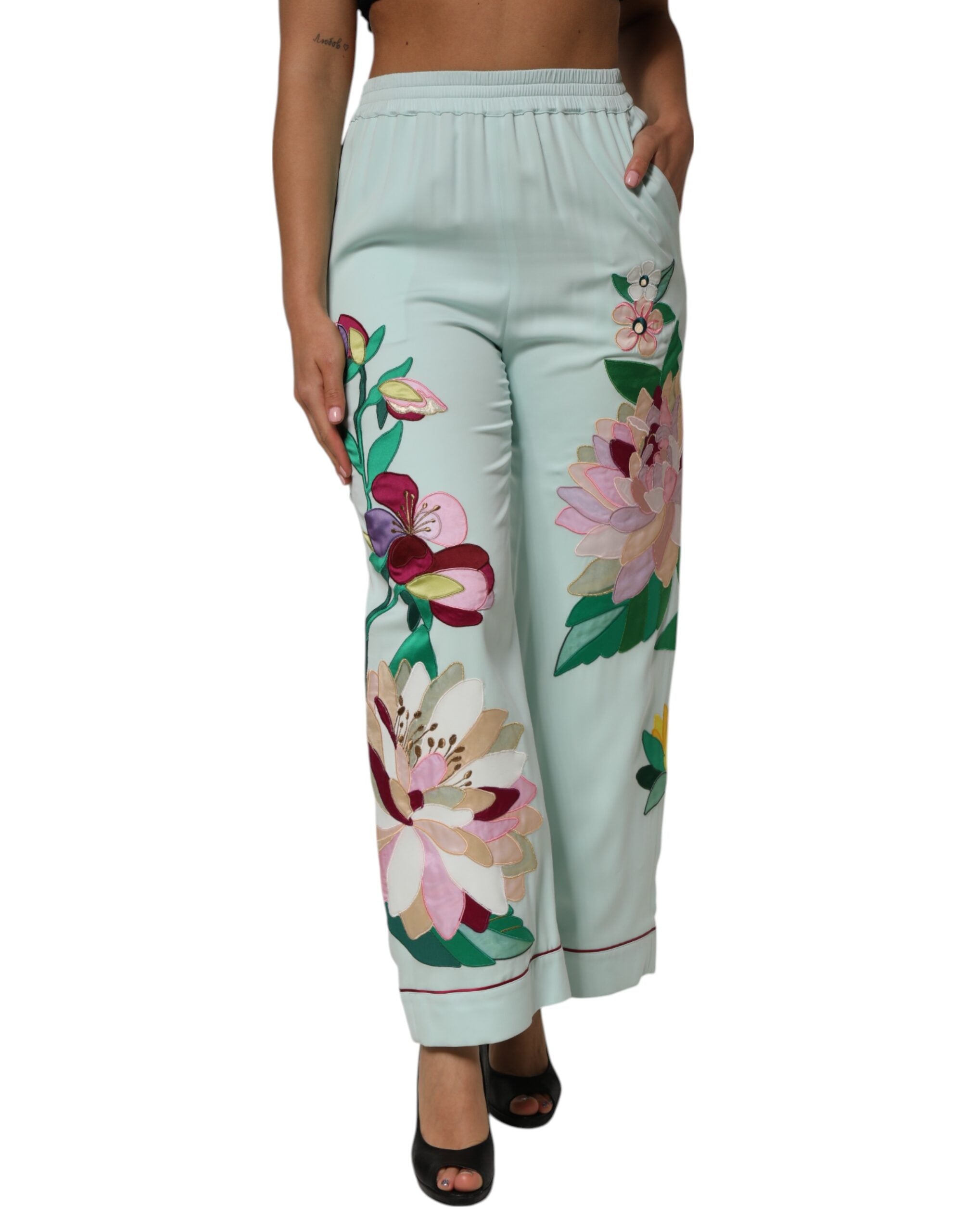 Dolce & Gabbana Green Floral Garterized Straight Pajama Pants Dolce & Gabbana