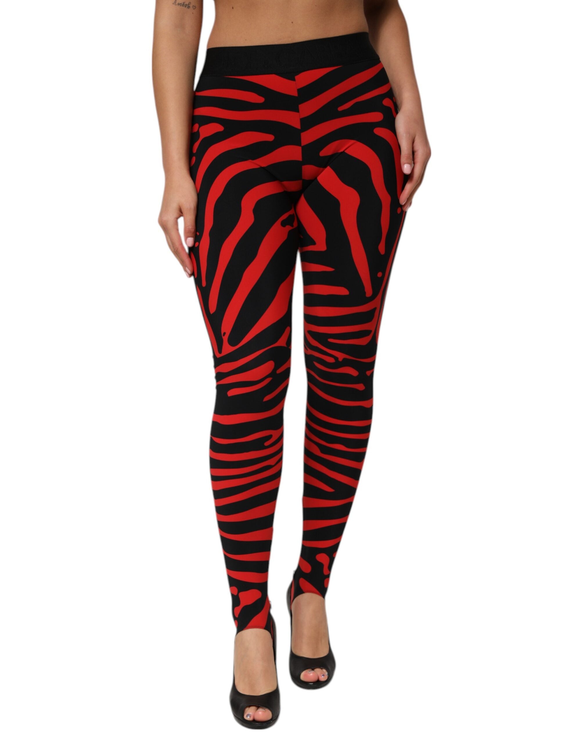 Dolce & Gabbana Black Red Nylon Logo Waisted Leggings Pants Dolce & Gabbana