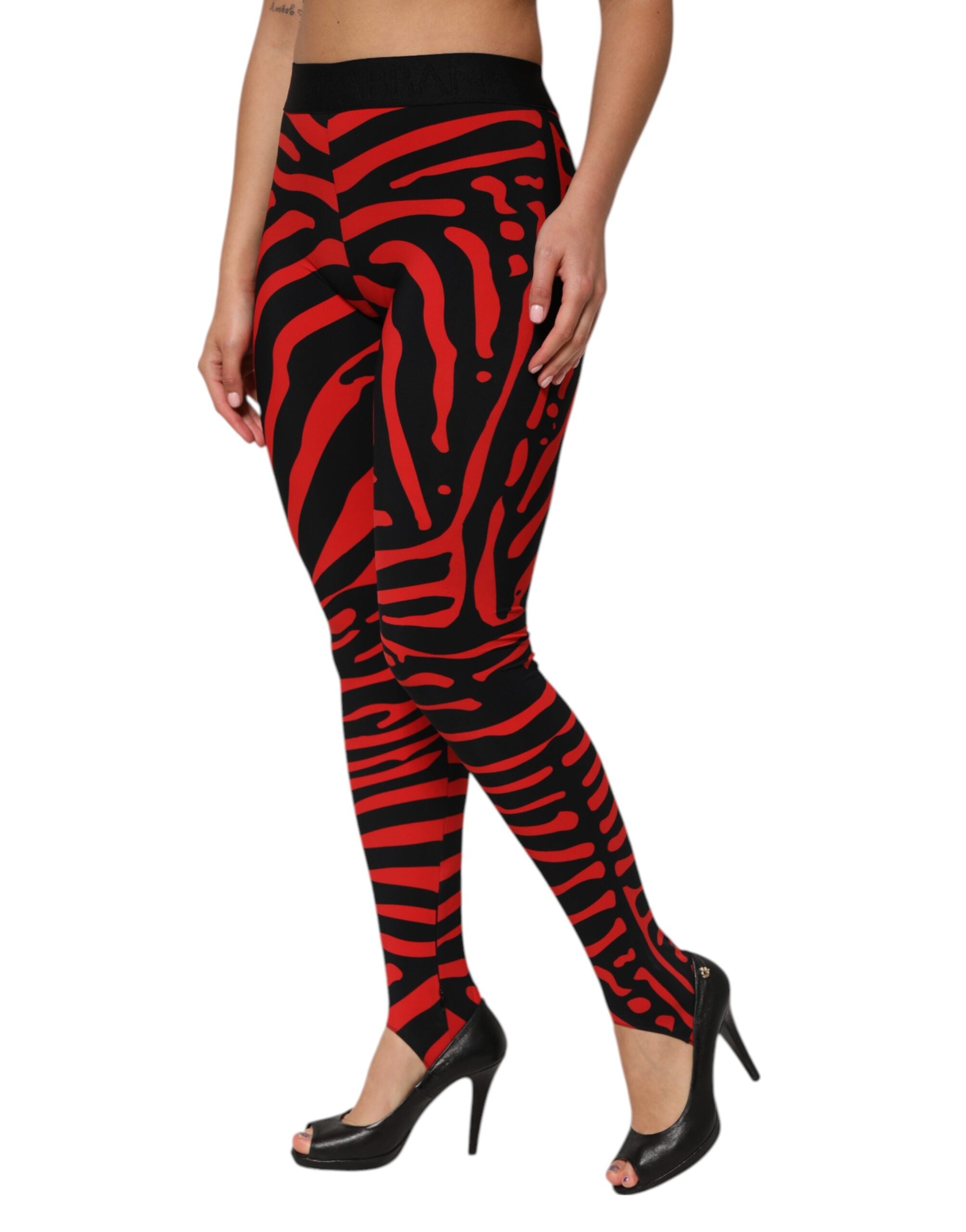 Dolce & Gabbana Black Red Nylon Logo Waisted Leggings Pants Dolce & Gabbana