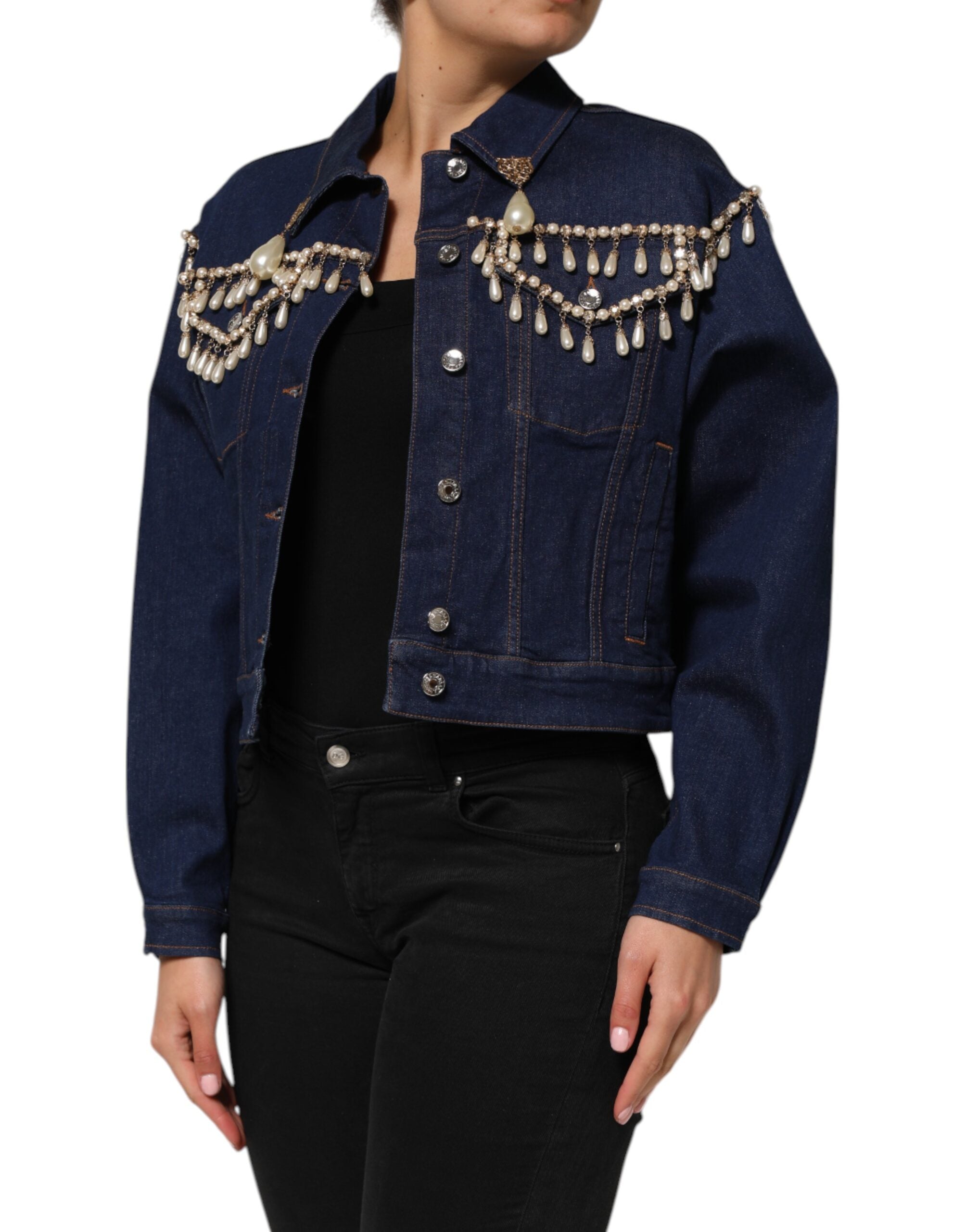 Dolce & Gabbana Blue Cotton Denim Crystal Embellished Jacket Dolce & Gabbana