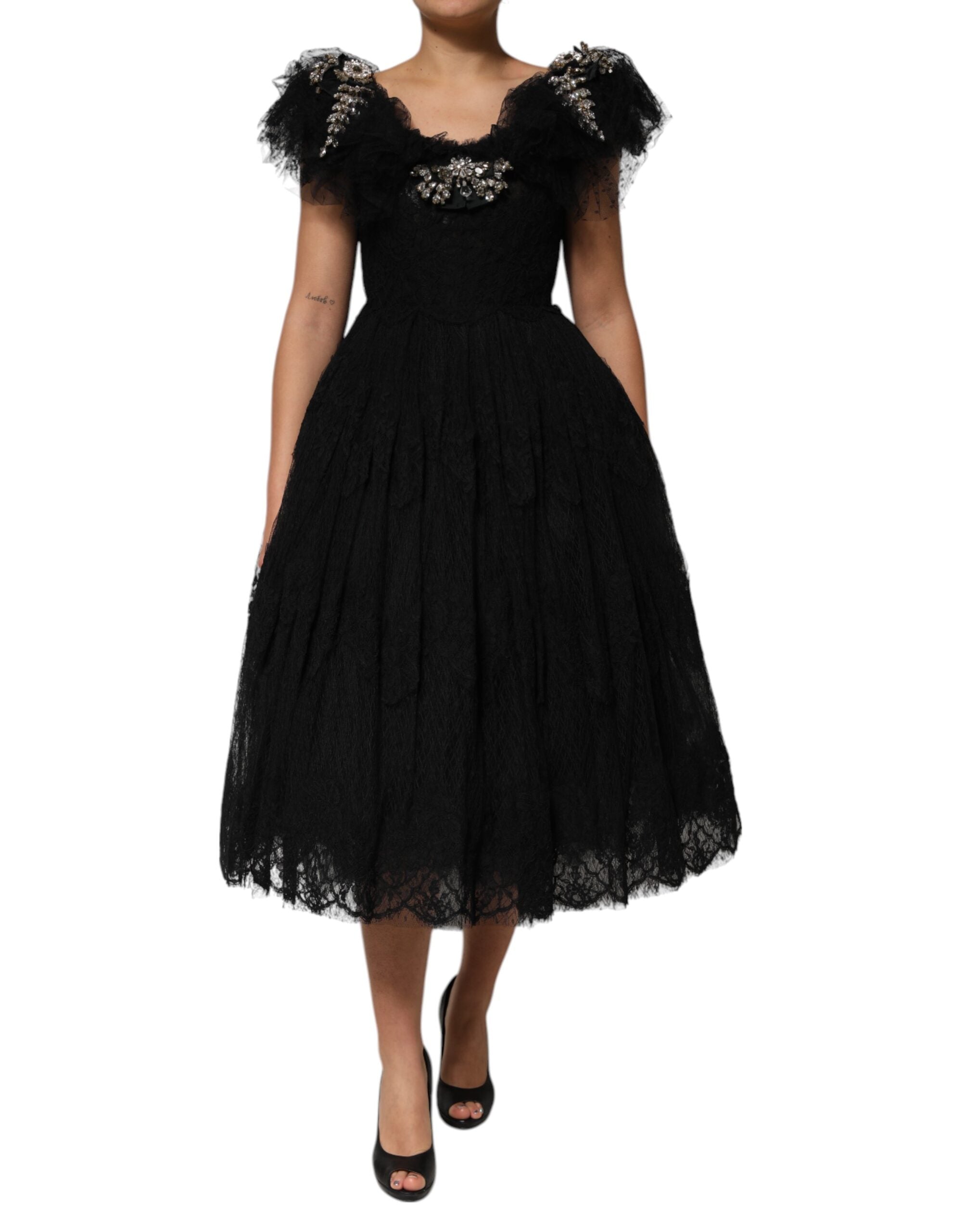 Dolce & Gabbana Black Crystal Embellished Midi A-line Dress Dolce & Gabbana